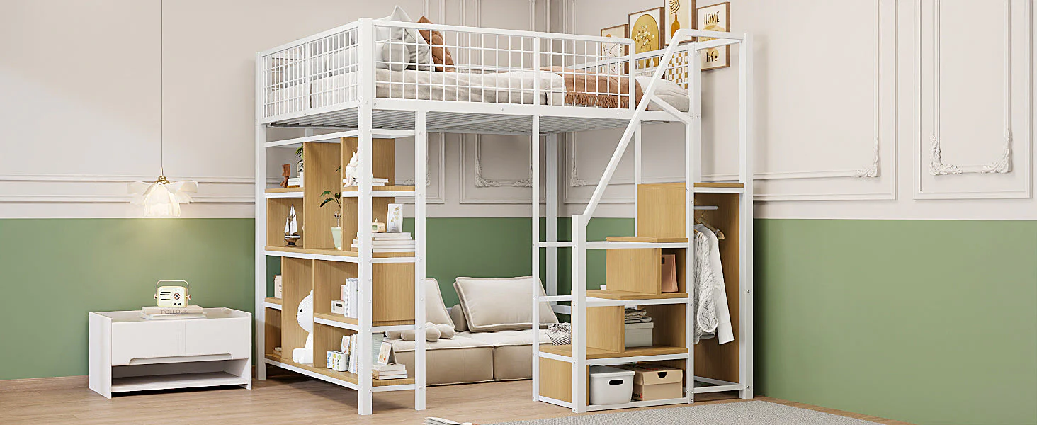 Multifunctional Loft Bed 140x200cm Storage Shelves Stairs Adults/Kids Metal White - Image 5
