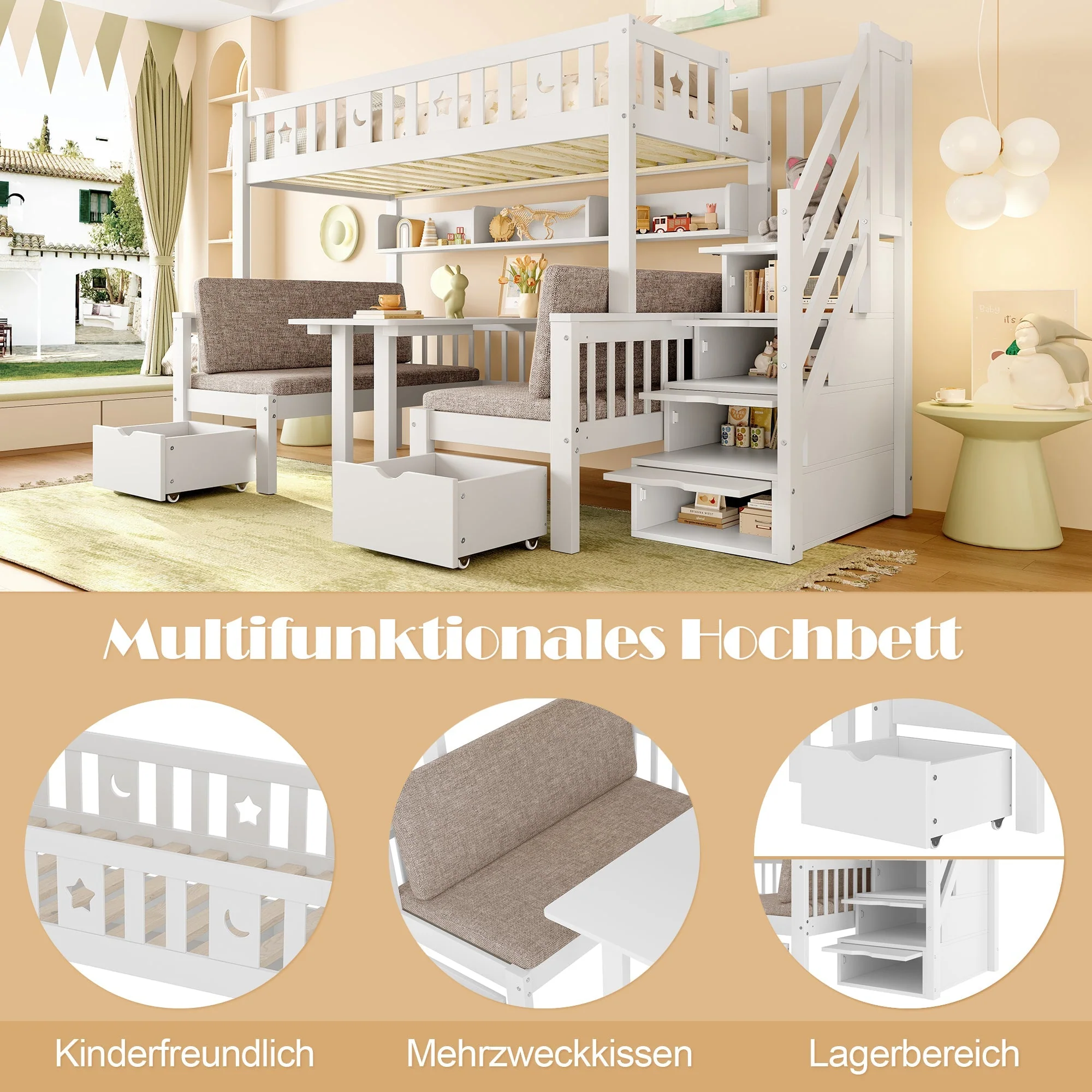Multifunctional Loft Bed, 90x200cm 2-in-1 Bed & Desk Storage Ladder, White - Image 2