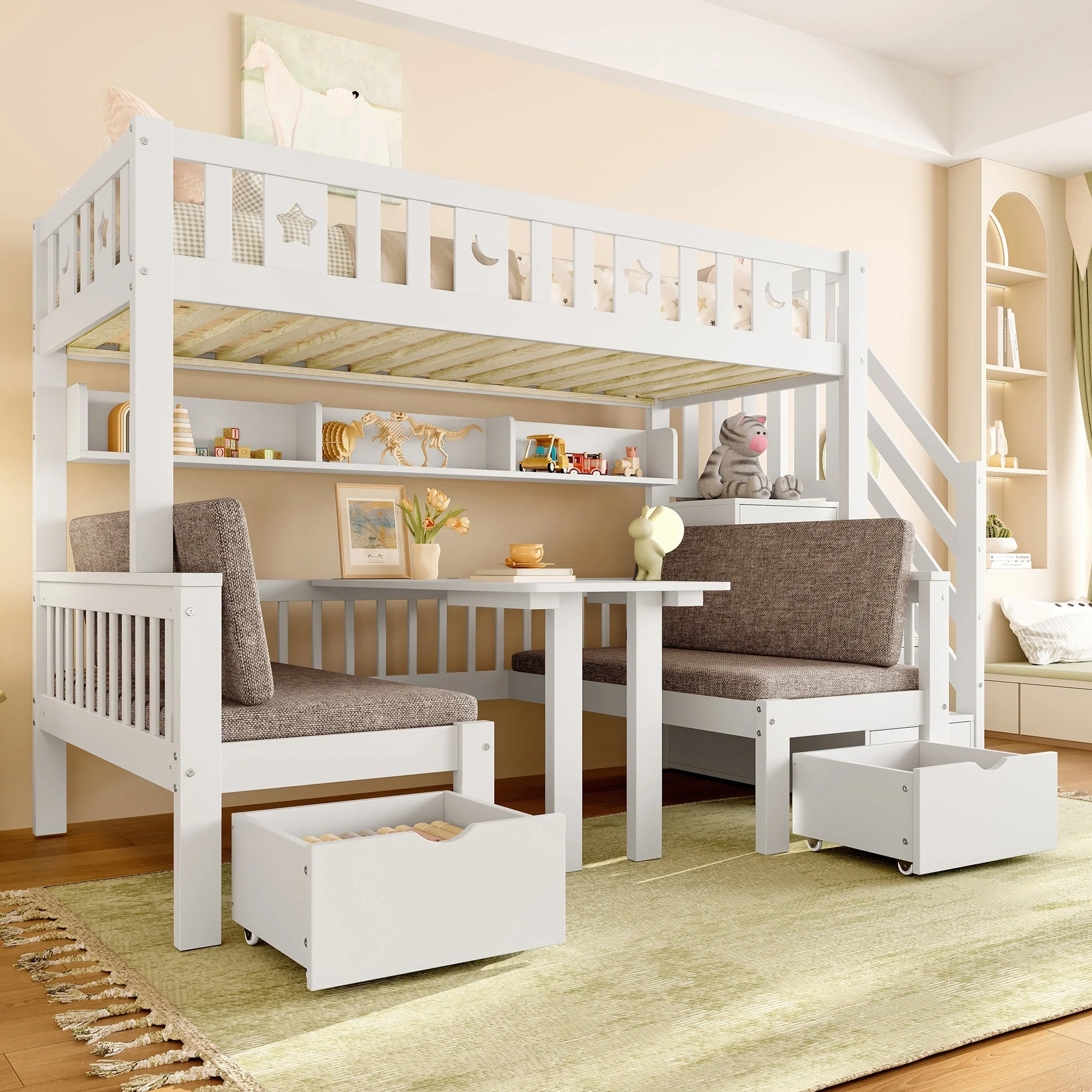 Multifunctional Loft Bed, 90x200cm 2-in-1 Bed & Desk Storage Ladder, White - Image 4
