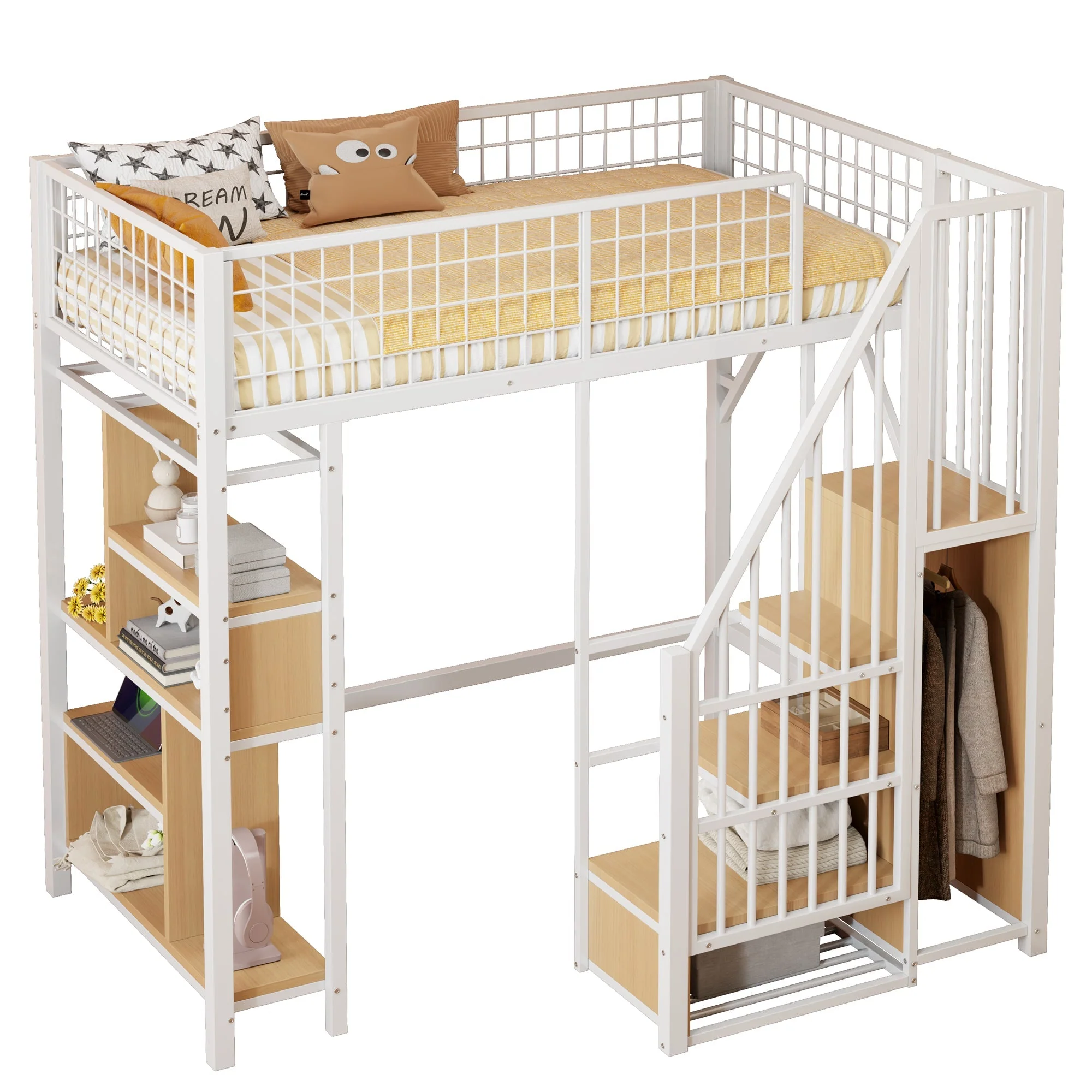 Multifunctional Loft Bed 90x200cm Storage Shelves Stairs, Metal White - Image 6