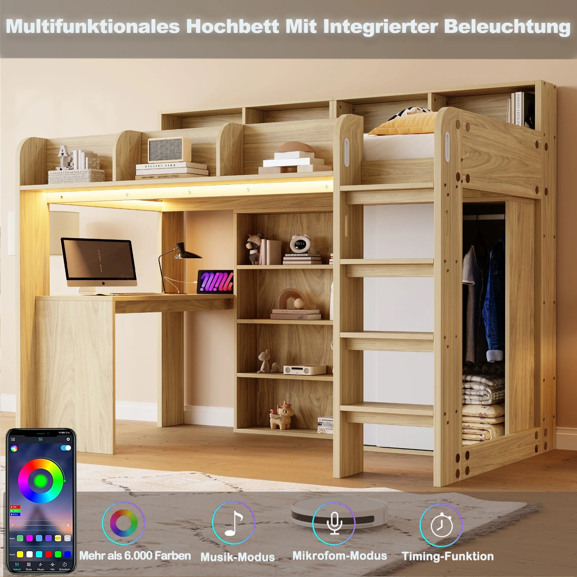 Multifunctional Loft Bed with Desk, Wardrobe, LED Lighting and Power Outlet, Wood Color - Image 6