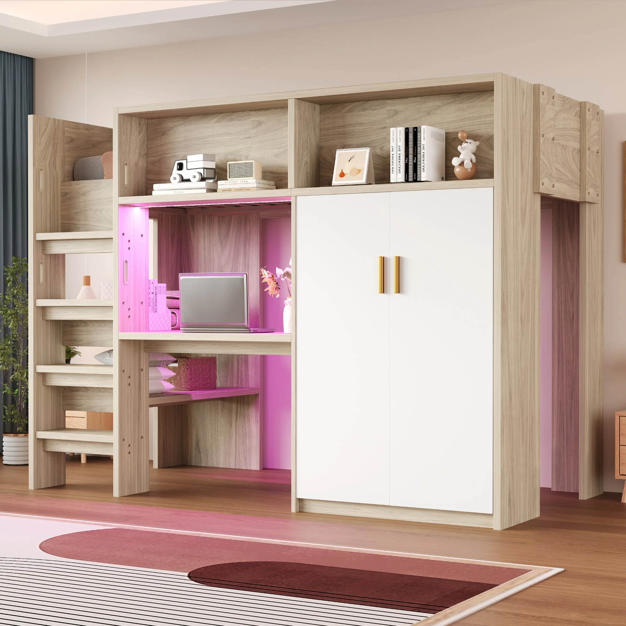 Multifunctional Loft Bed with Desk, Wardrobe, Shelf and LED Lighting, Wood Color - Image 3