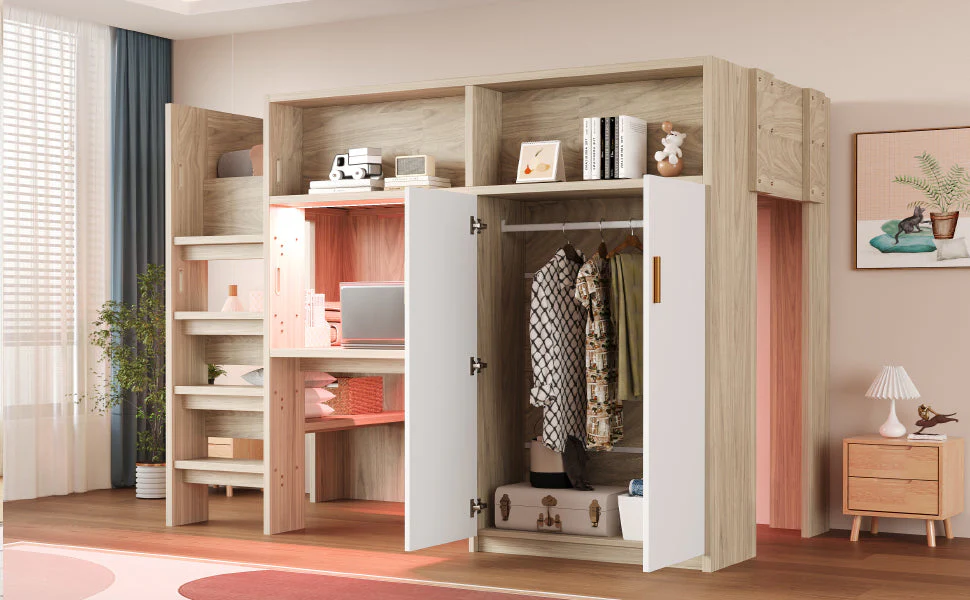 Multifunctional Loft Bed with Desk, Wardrobe, Shelf and LED Lighting, Wood Color - Image 7
