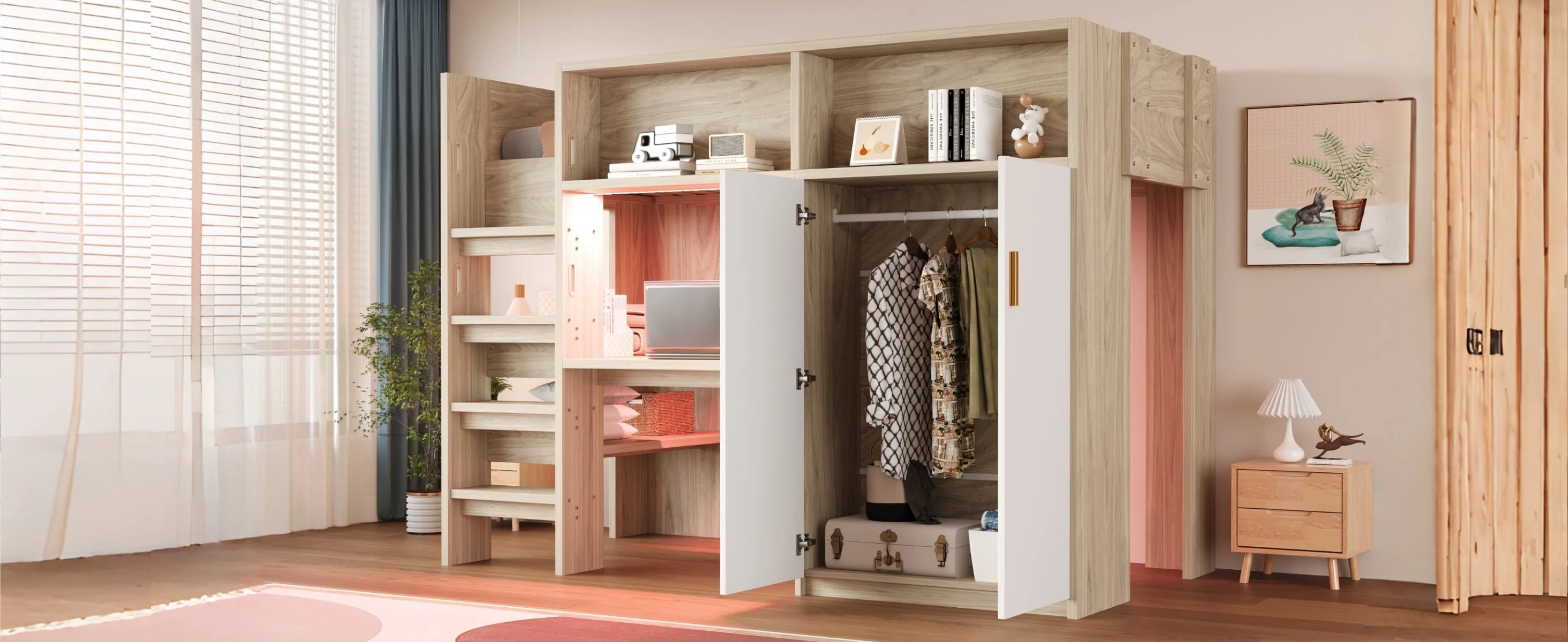 Multifunctional Loft Bed with Desk, Wardrobe, Shelf and LED Lighting, Wood Color - Image 9