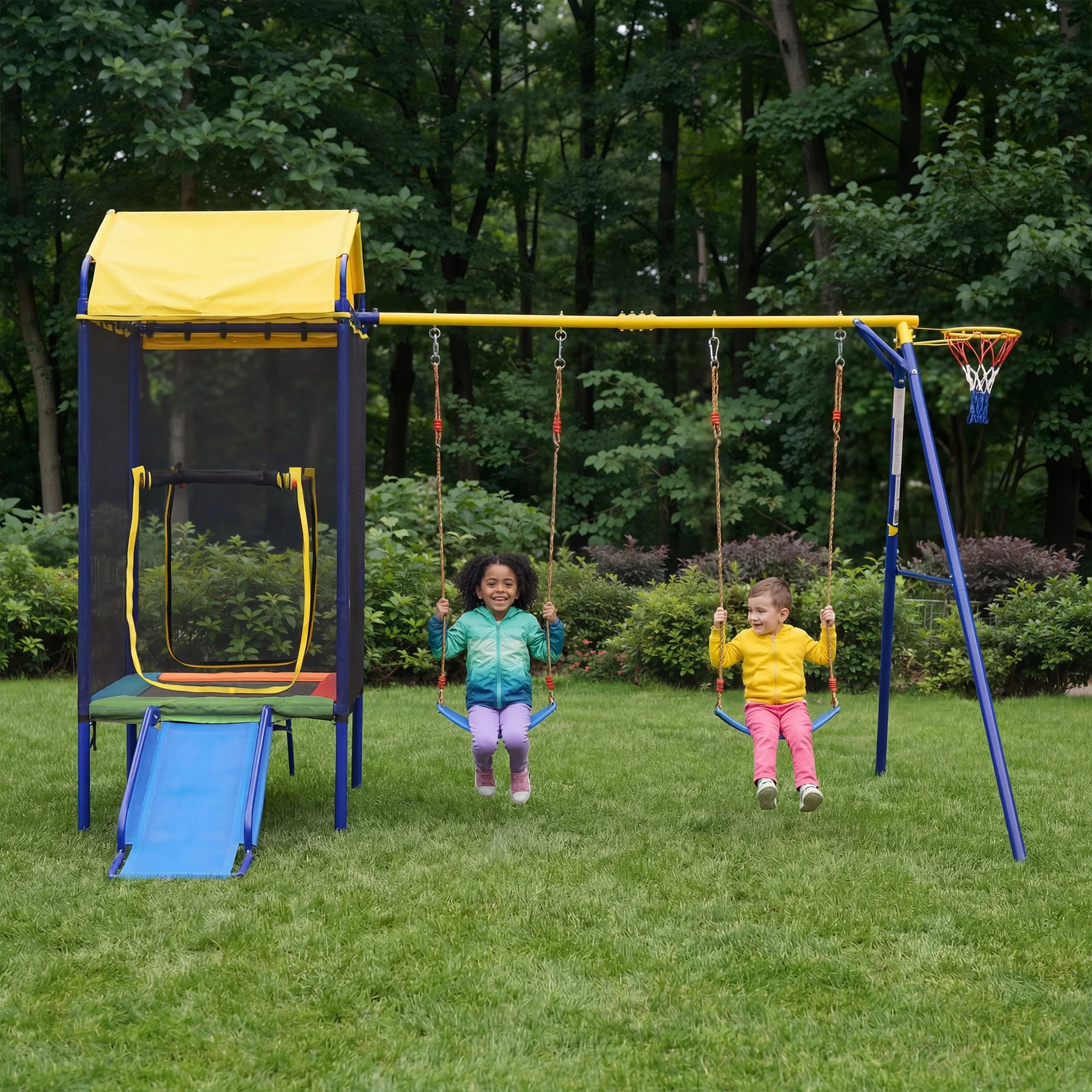 Multifunctional Outdoor Swing Set with Trampoline, Slide and Basketball Hoop, Sturdy Iron Frame - Image 7