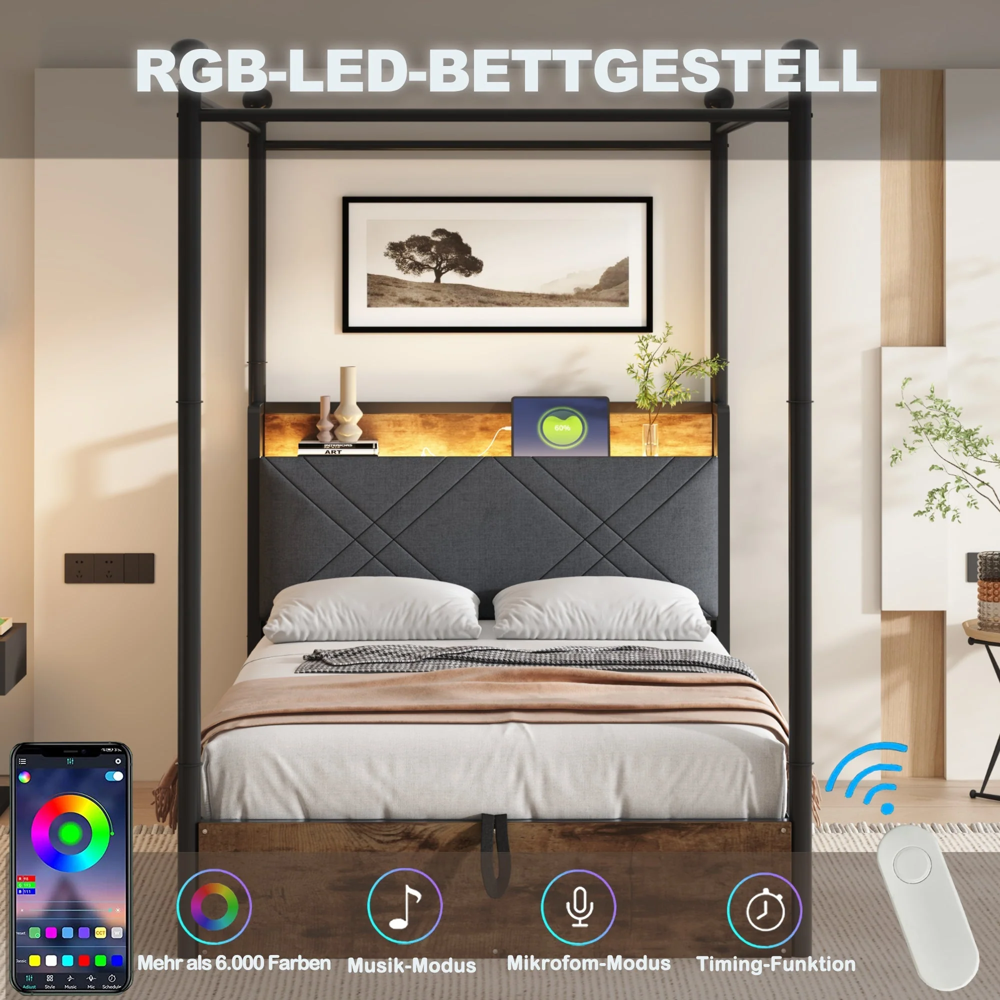 Multifunctional Single Bed 90x190 Hydraulic Storage Canopy LED/USB, Iron Black - Image 3