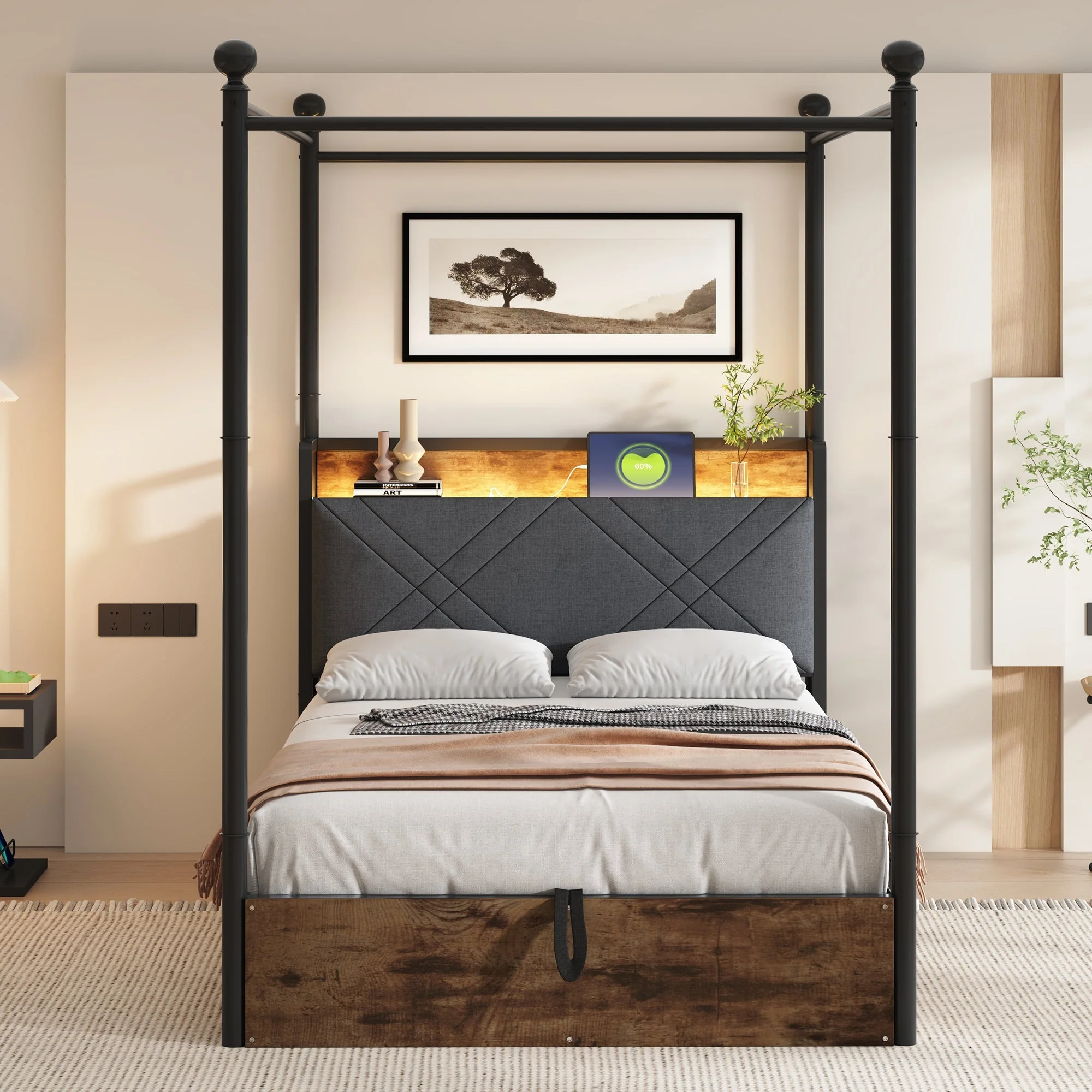 Multifunctional Single Bed 90x190 Hydraulic Storage Canopy LED/USB, Iron Black - Image 7