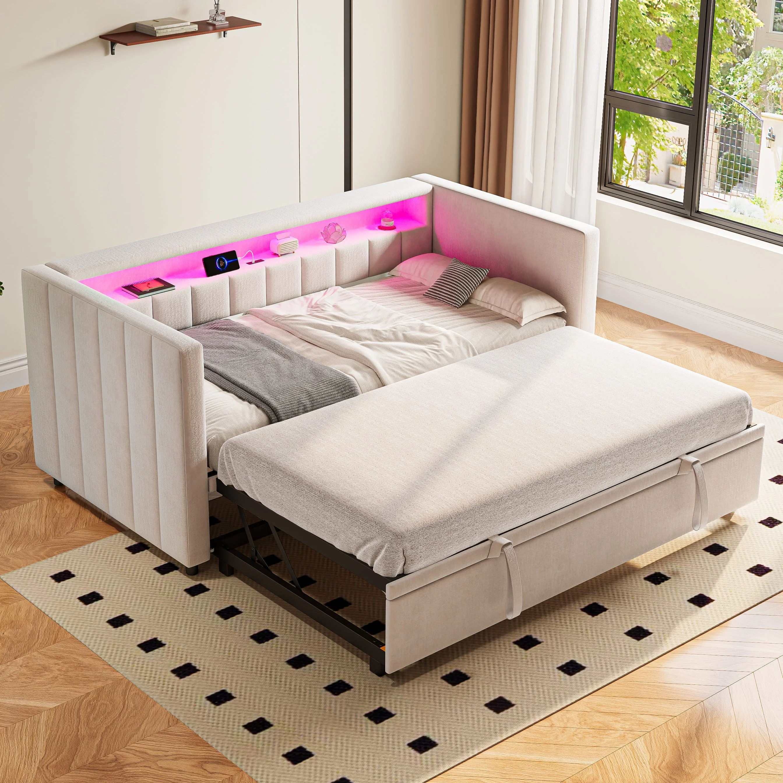 Multifunctional Sleeper Sofa, Pull-Out Bed, USB, LED, & Storage, Velvet Upholstery Beige