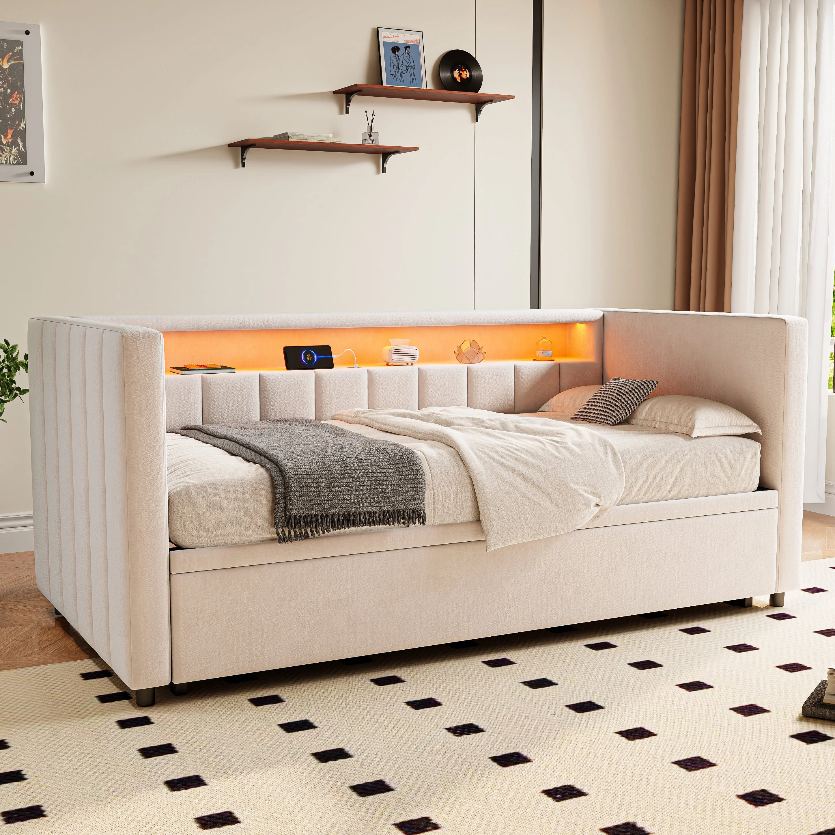 Multifunctional Sleeper Sofa, Pull-Out Bed, USB, LED, & Storage, Velvet Upholstery Beige - Image 2