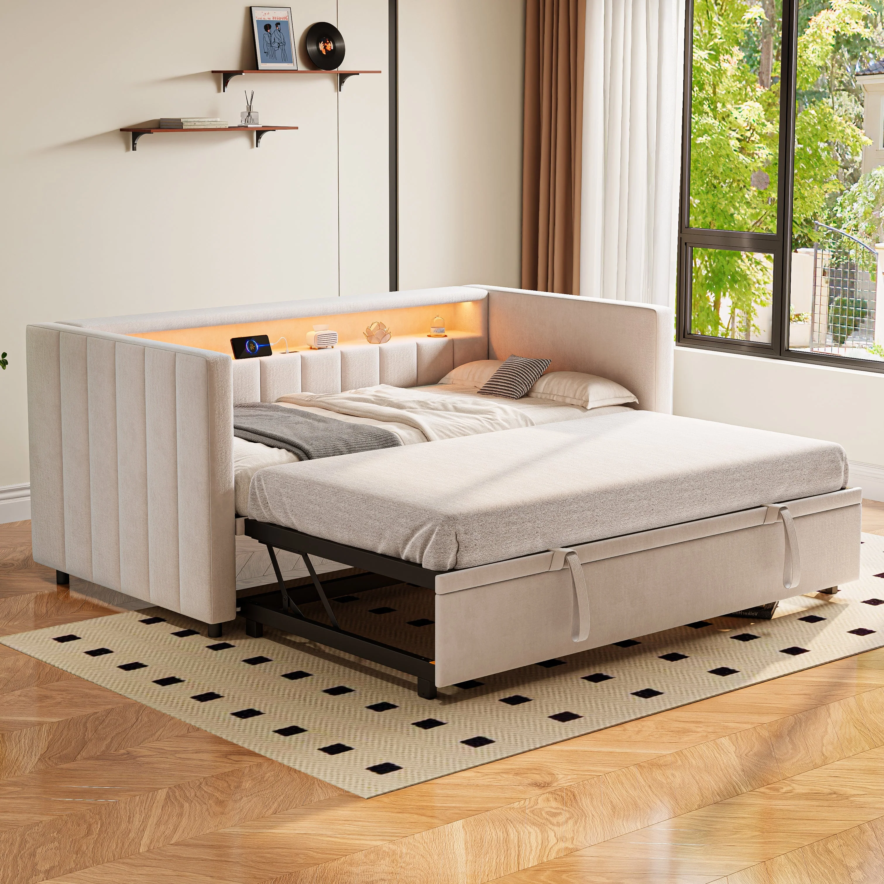 Multifunctional Sleeper Sofa, Pull-Out Bed, USB, LED, & Storage, Velvet Upholstery Beige - Image 4