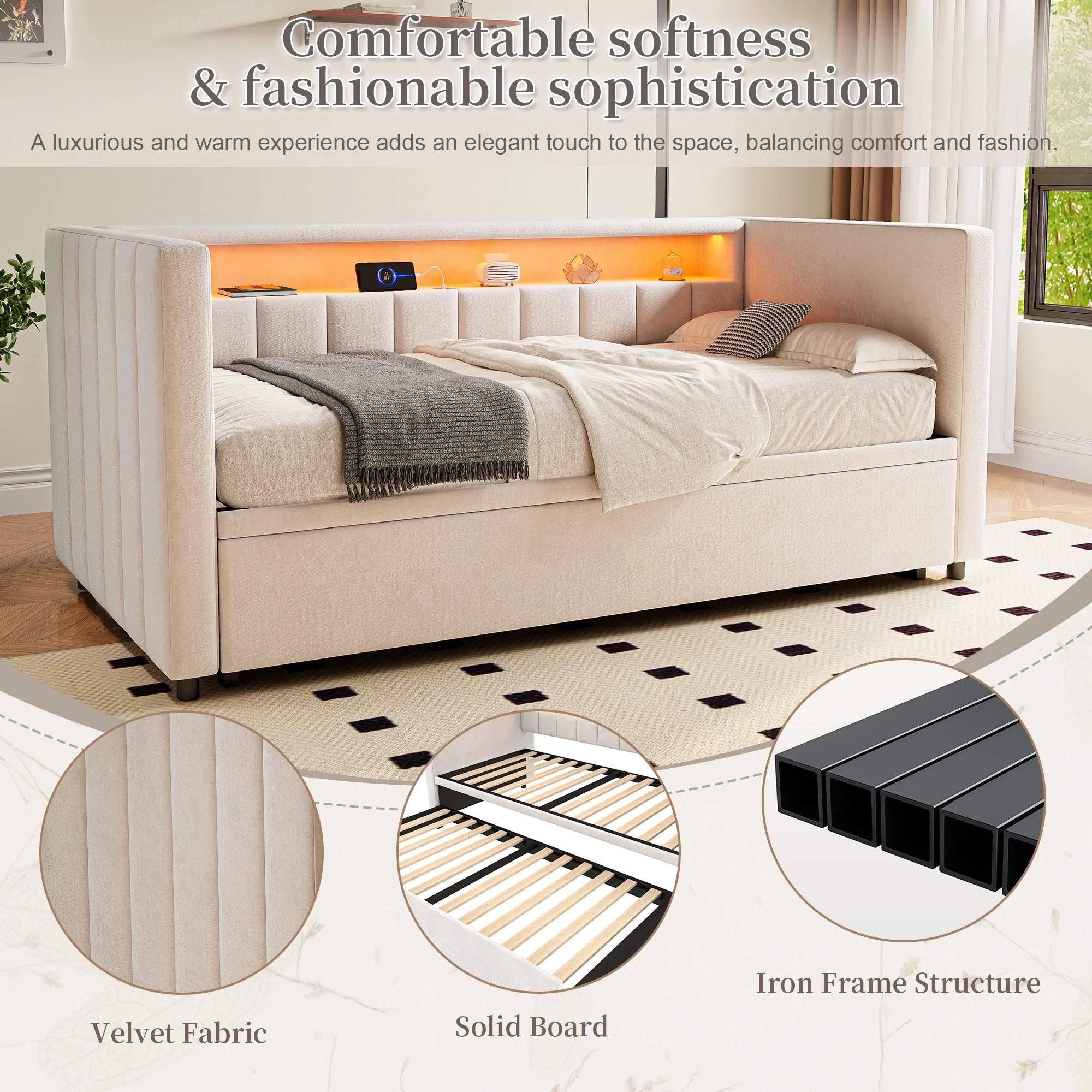 Multifunctional Sleeper Sofa, Pull-Out Bed, USB, LED, & Storage, Velvet Upholstery Beige - Image 5