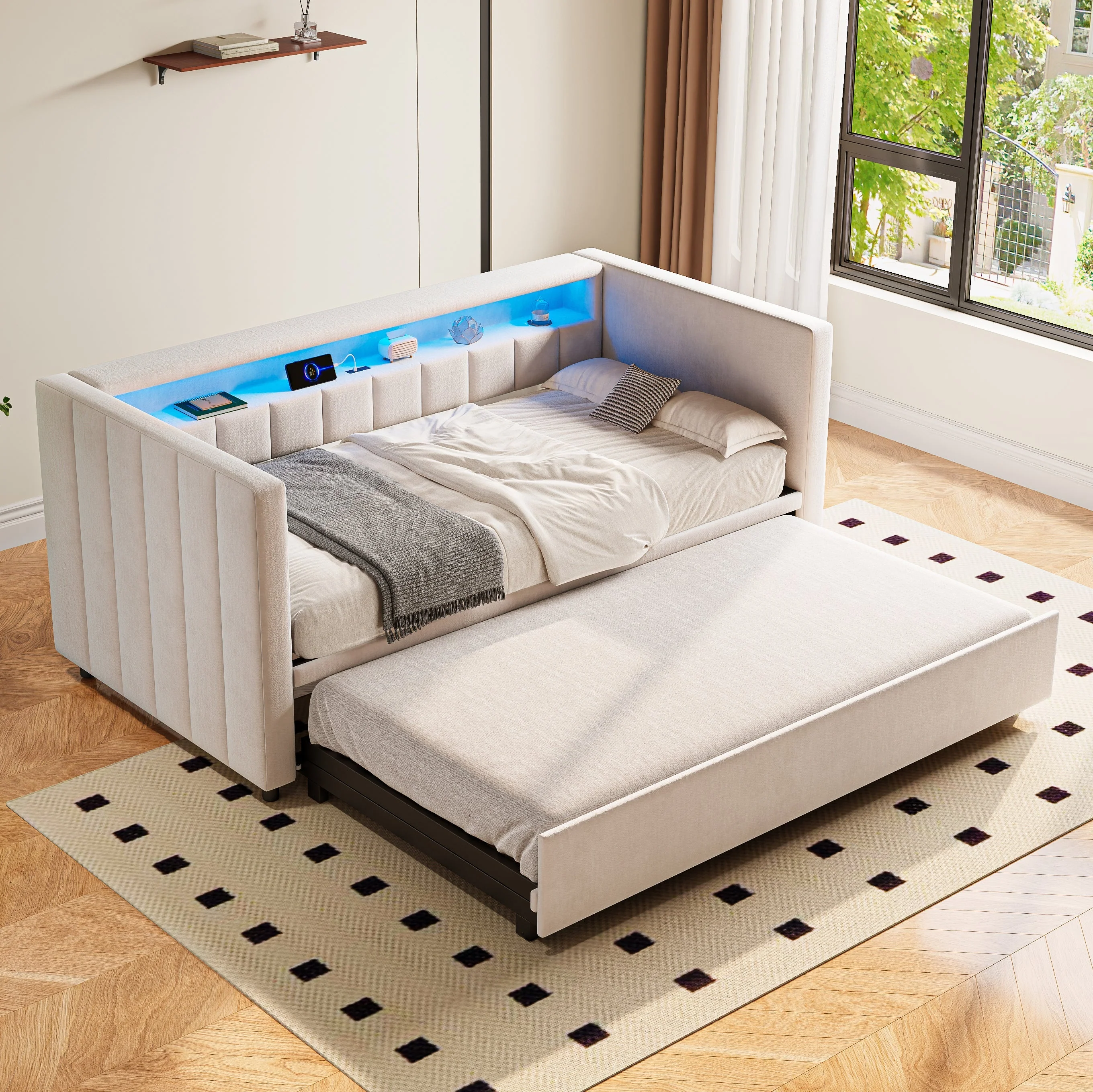 Multifunctional Sleeper Sofa, Pull-Out Bed, USB, LED, & Storage, Velvet Upholstery Beige - Image 6
