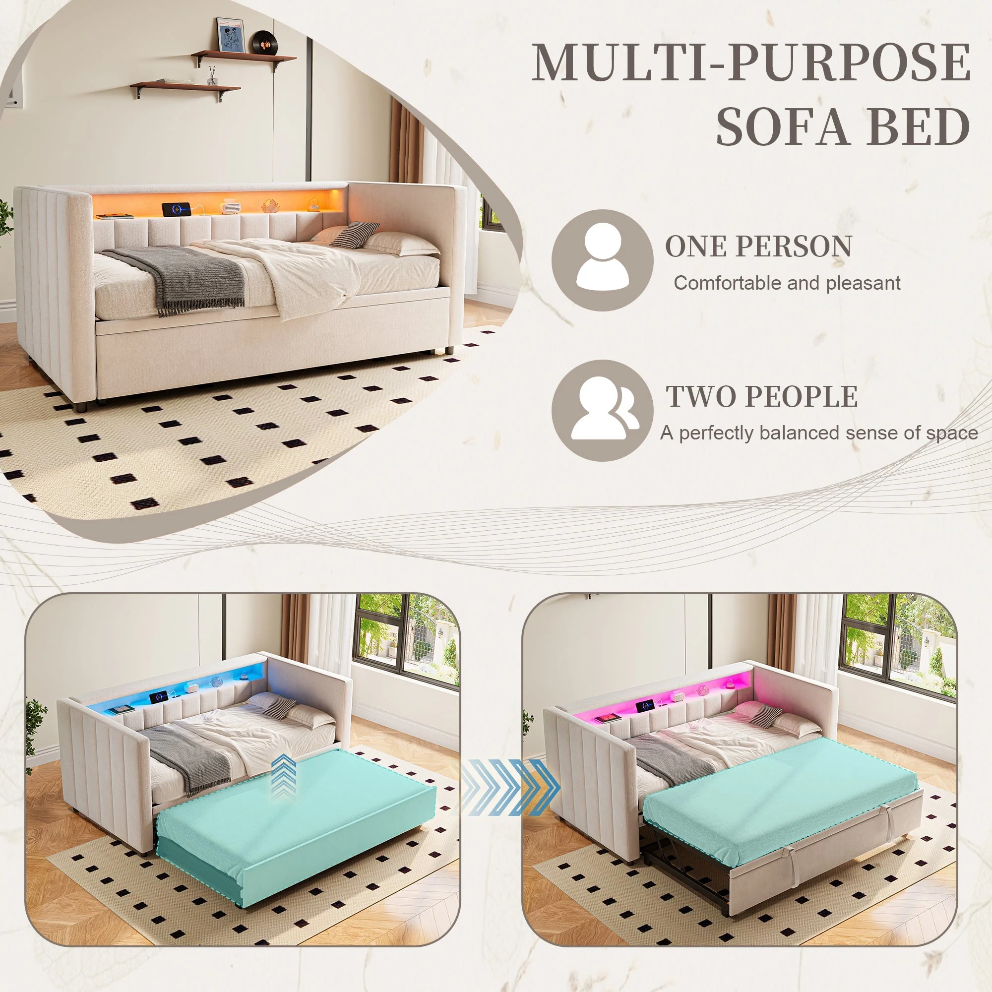 Multifunctional Sleeper Sofa, Pull-Out Bed, USB, LED, & Storage, Velvet Upholstery Beige - Image 7