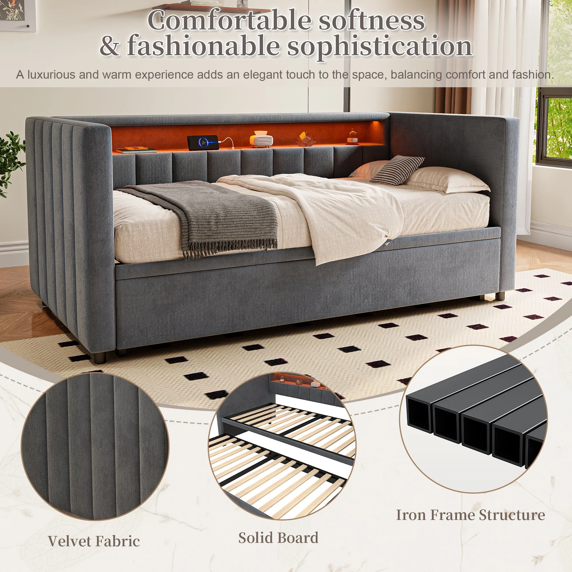 Multifunctional Sleeper Sofa with Pull-Out Bed, USB, LED, and Storage, Gray Velvet - Image 5