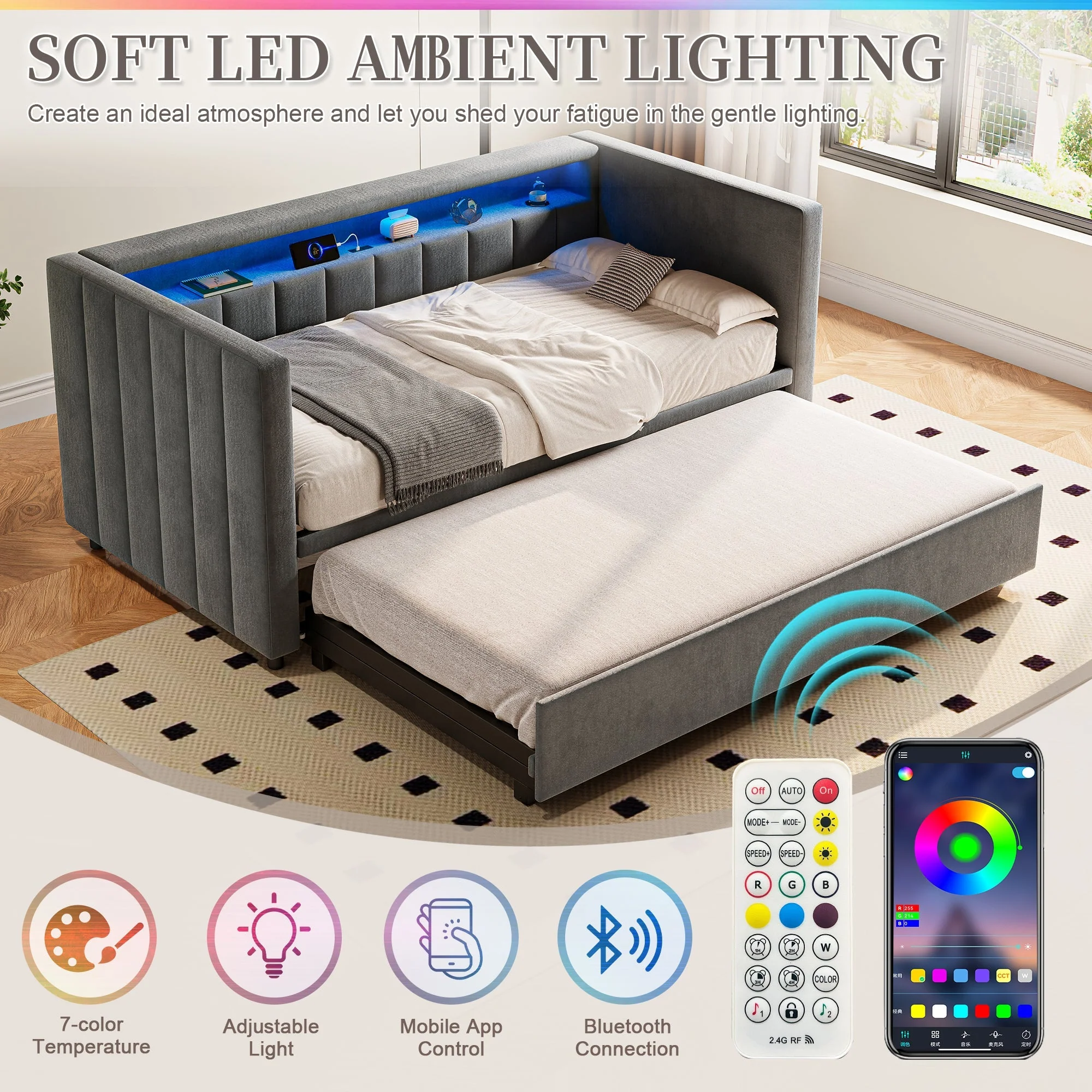 Multifunctional Sleeper Sofa with Pull-Out Bed, USB, LED, and Storage, Gray Velvet - Image 7