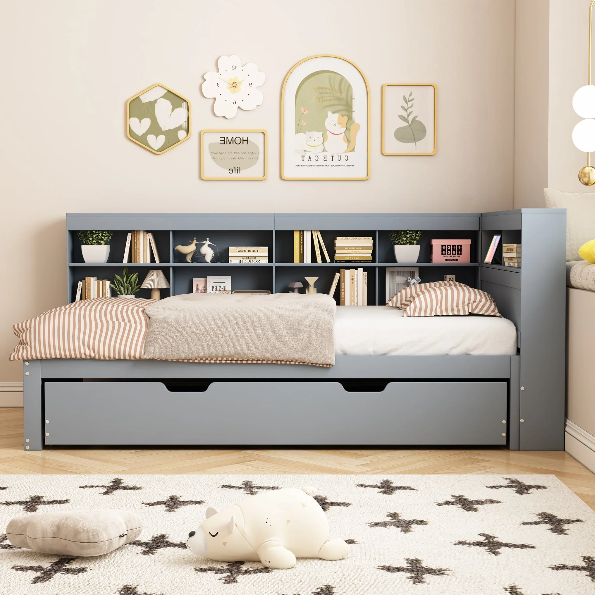 Multifunctional Sofa Bed with Extendable Bed, USB Socket and Storage, Grey Solid Wood - Image 3