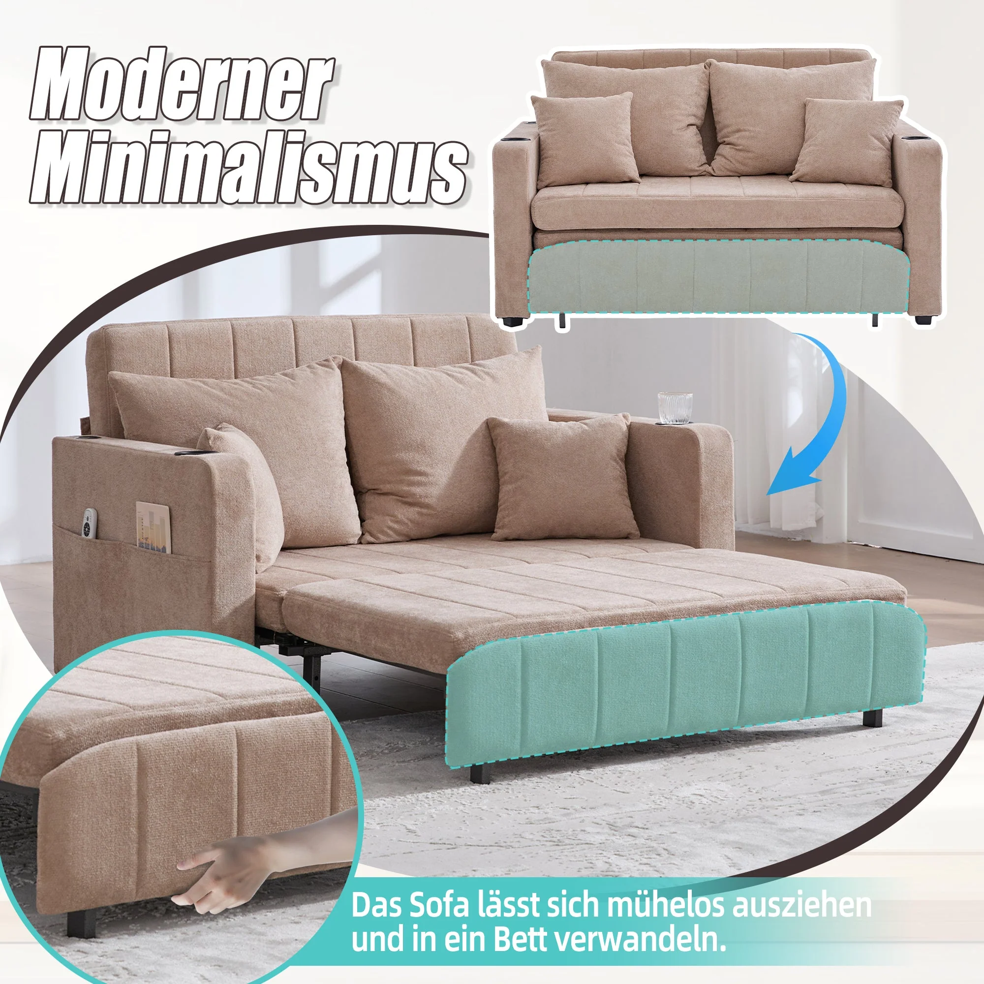 Multifunctional Sofa, Folding Pull-Out with Storage & USB, Fabric - Image 6