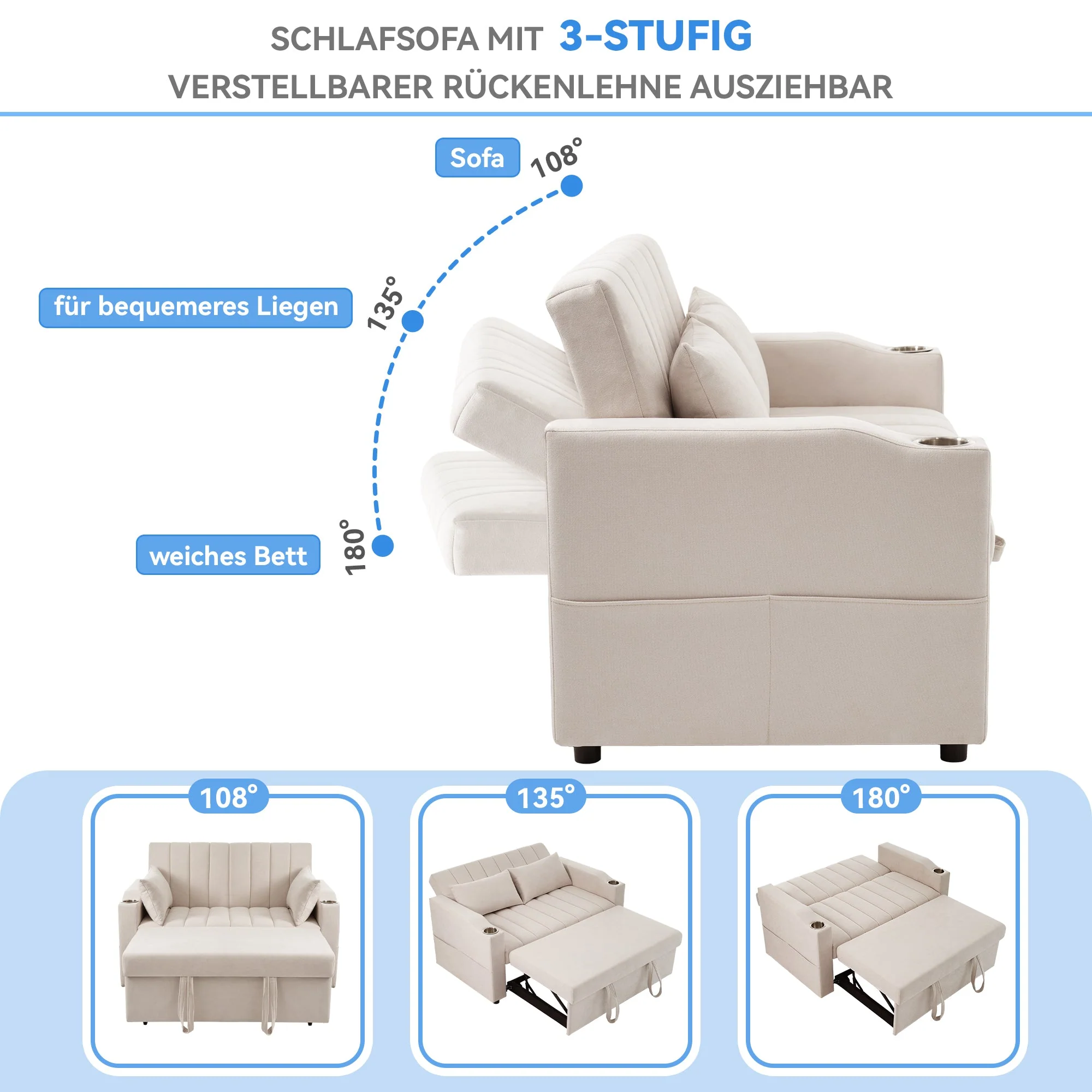 Multifunctional Sofa Sleeper Double Adjustable Backrest Drink Holder Cushions - Image 5