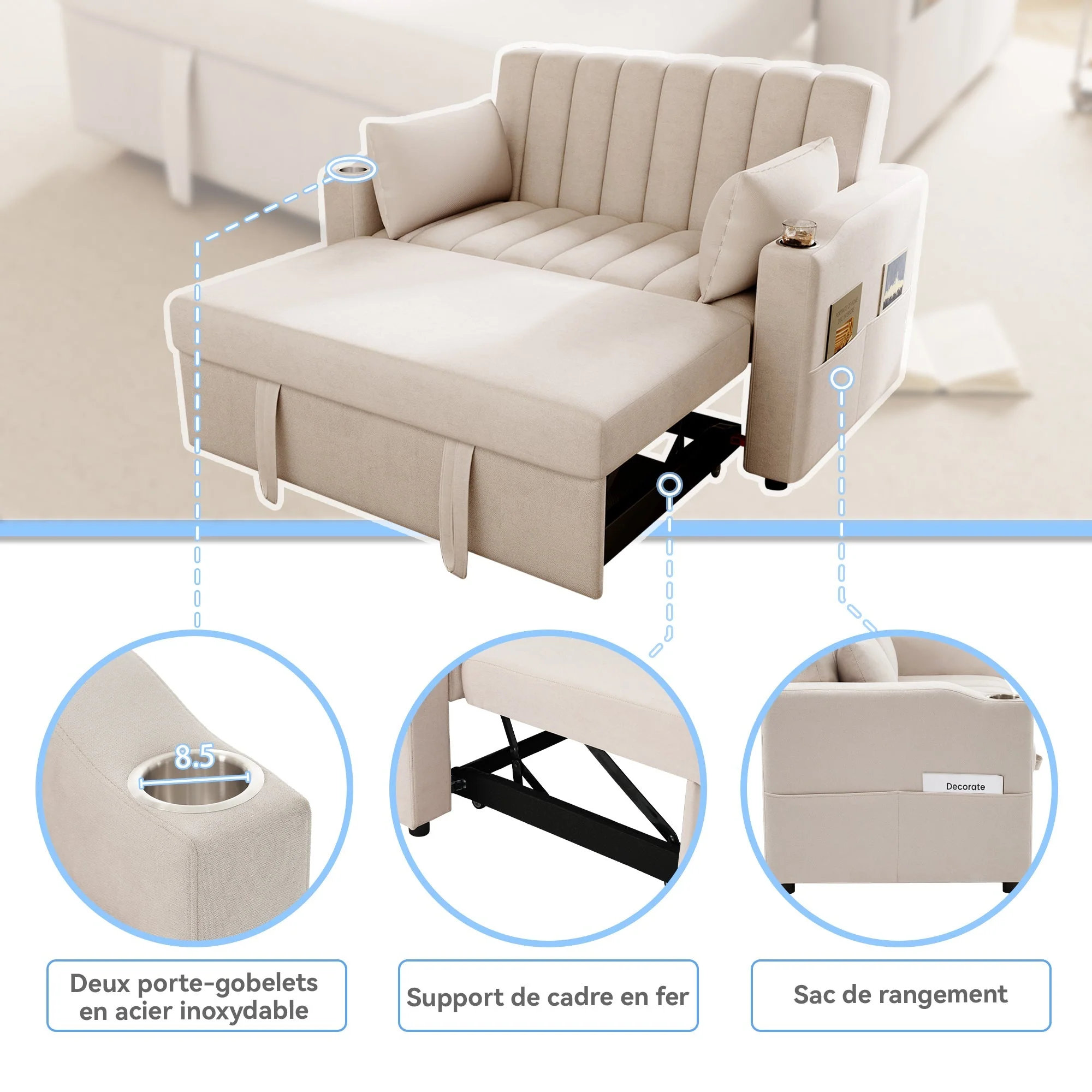 Multifunctional Sofa Sleeper Double Adjustable Backrest Drink Holder Cushions - Image 8