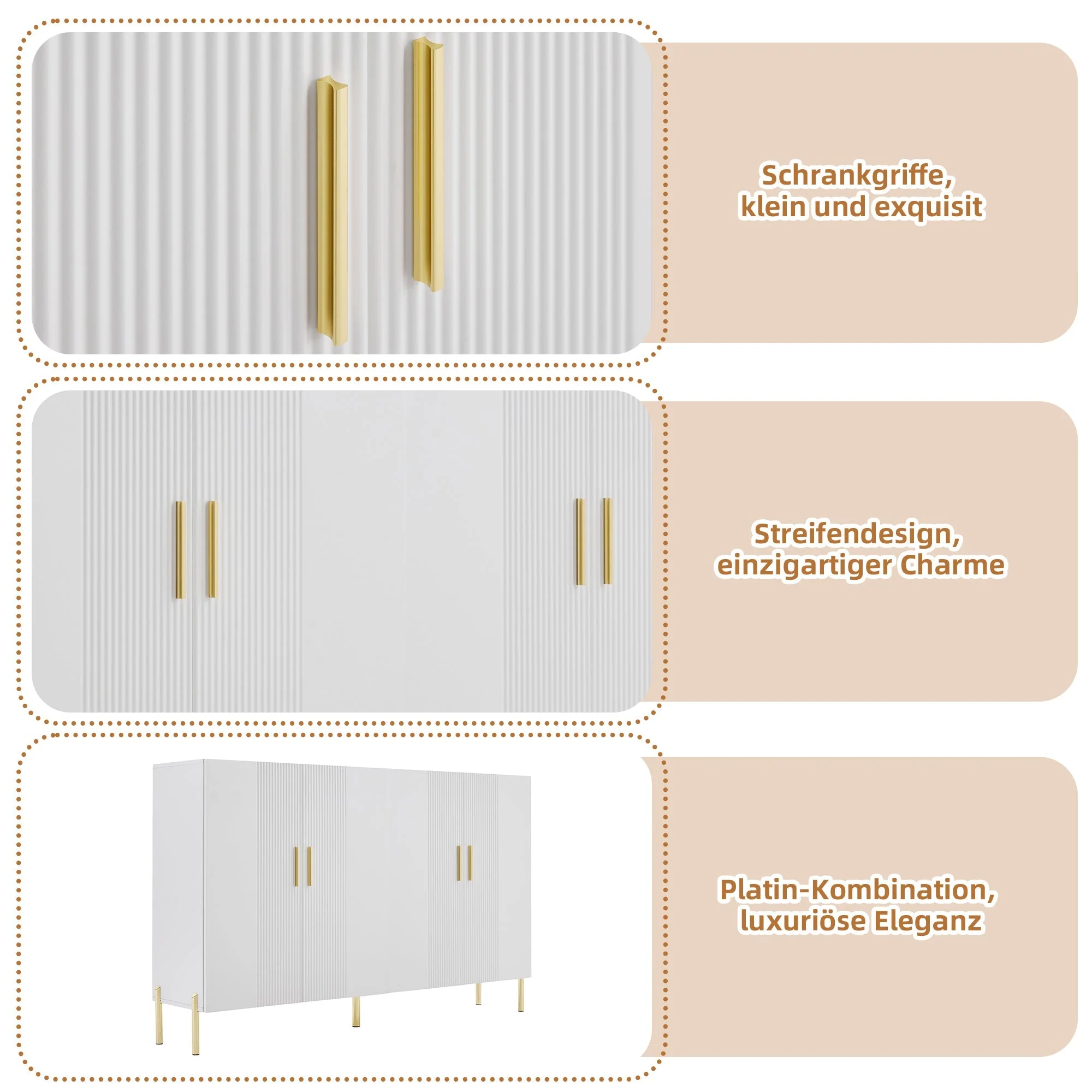 Multifunctional Storage Cabinet, 4 Doors Dining Room Gold Decoration, White Matte - Image 8