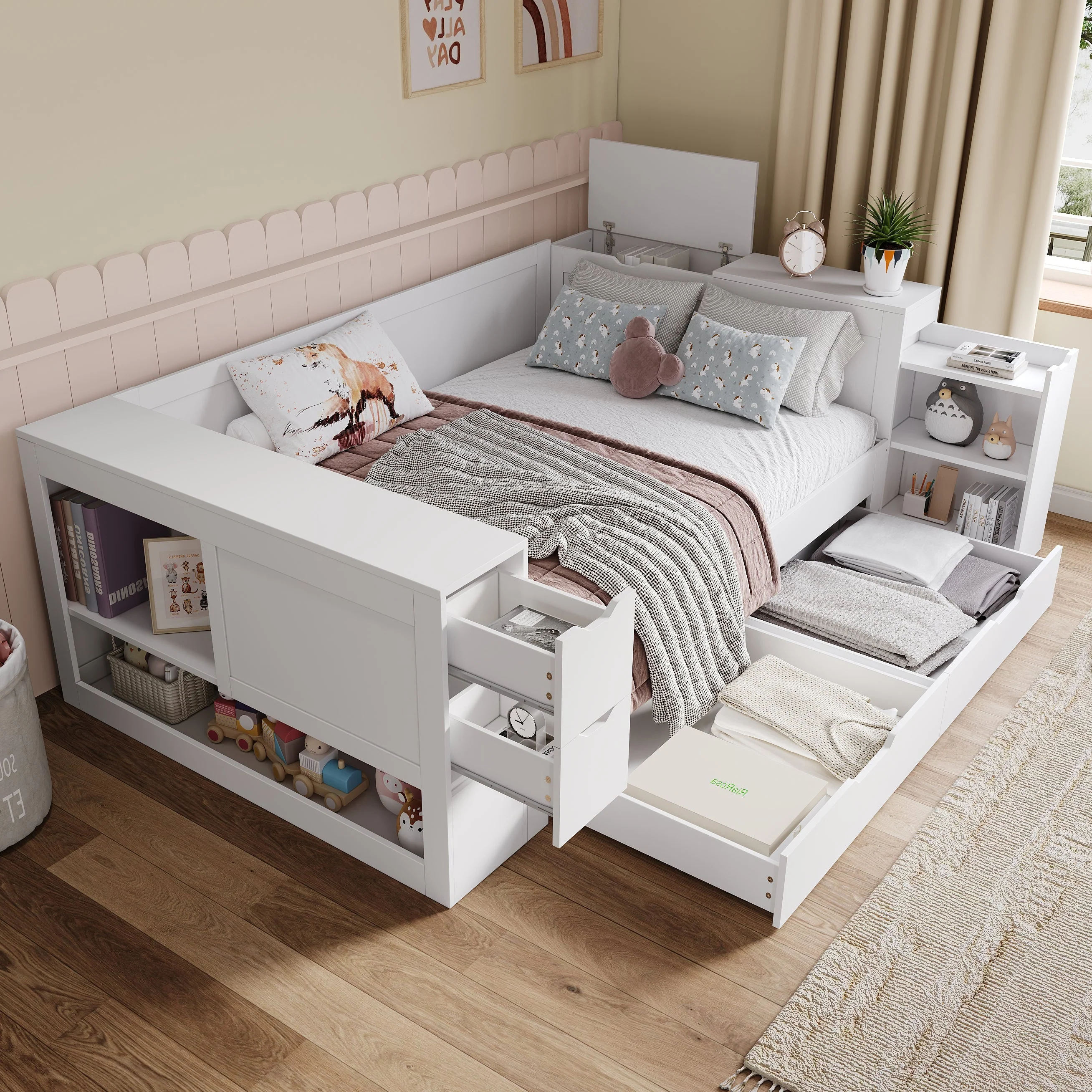 Multifunctional Storage Daybed with Drawers, Shelves and Bedside Tables, 140x200cm, White Wood - Image 3
