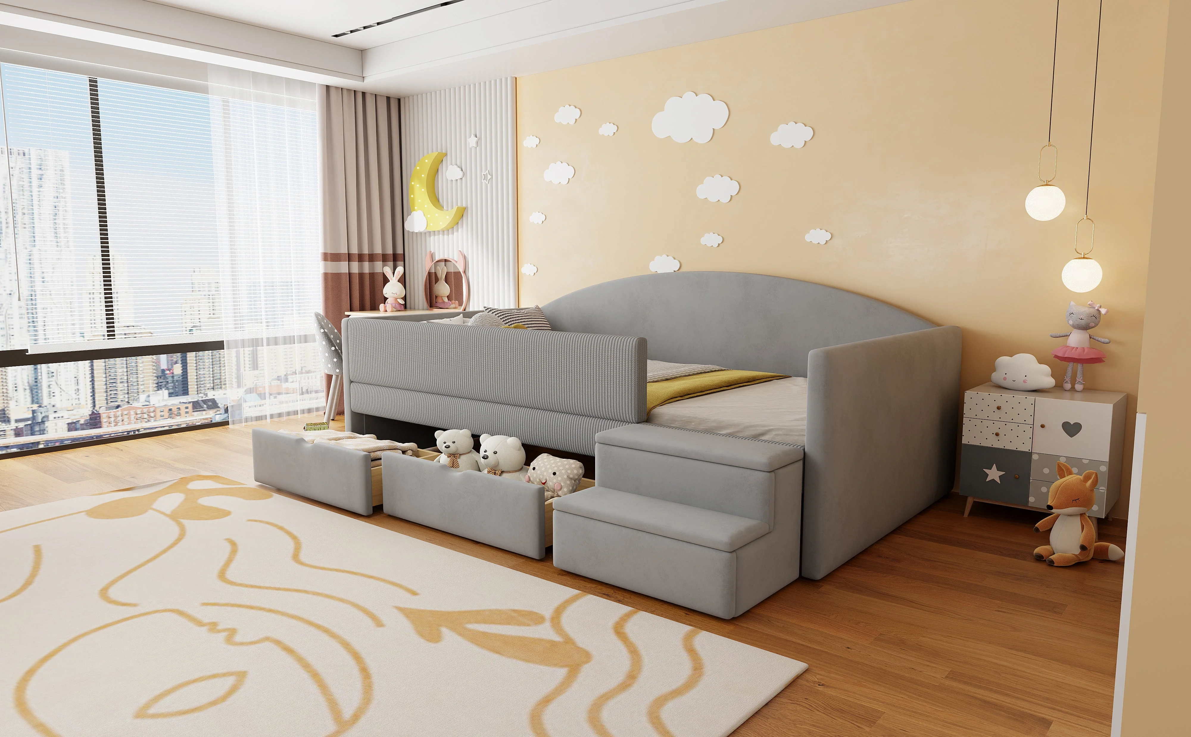 Multifunctional Upholstered Sofa Bed with Two Drawers, Railings and Steps, 90x190cm, Light Grey Velvet - Image 4