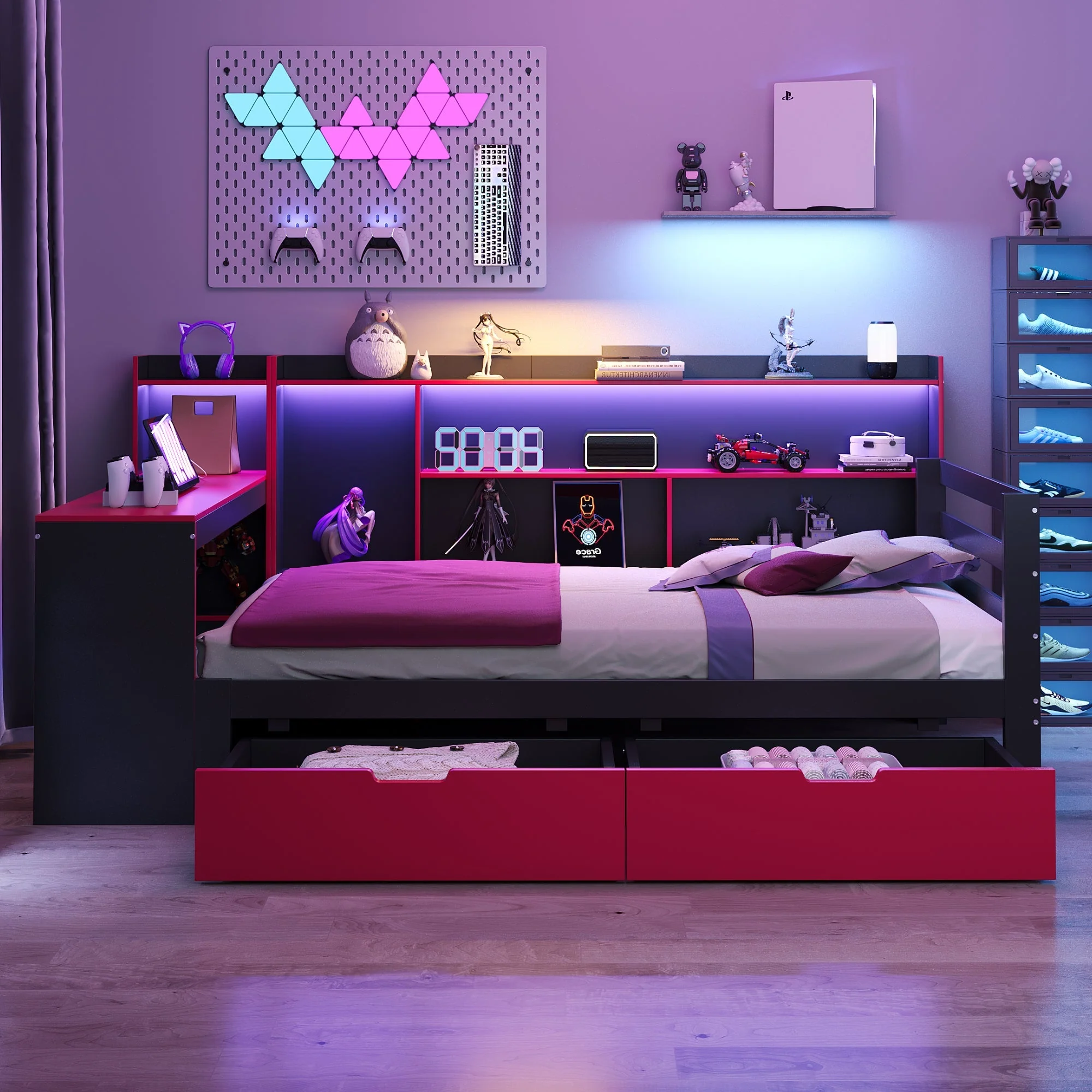 Multifunctional Wooden Sofa Bed with Desk, Bookshelf, Lighting and Sockets, 90x200cm, Black and Red Wood - Image 3