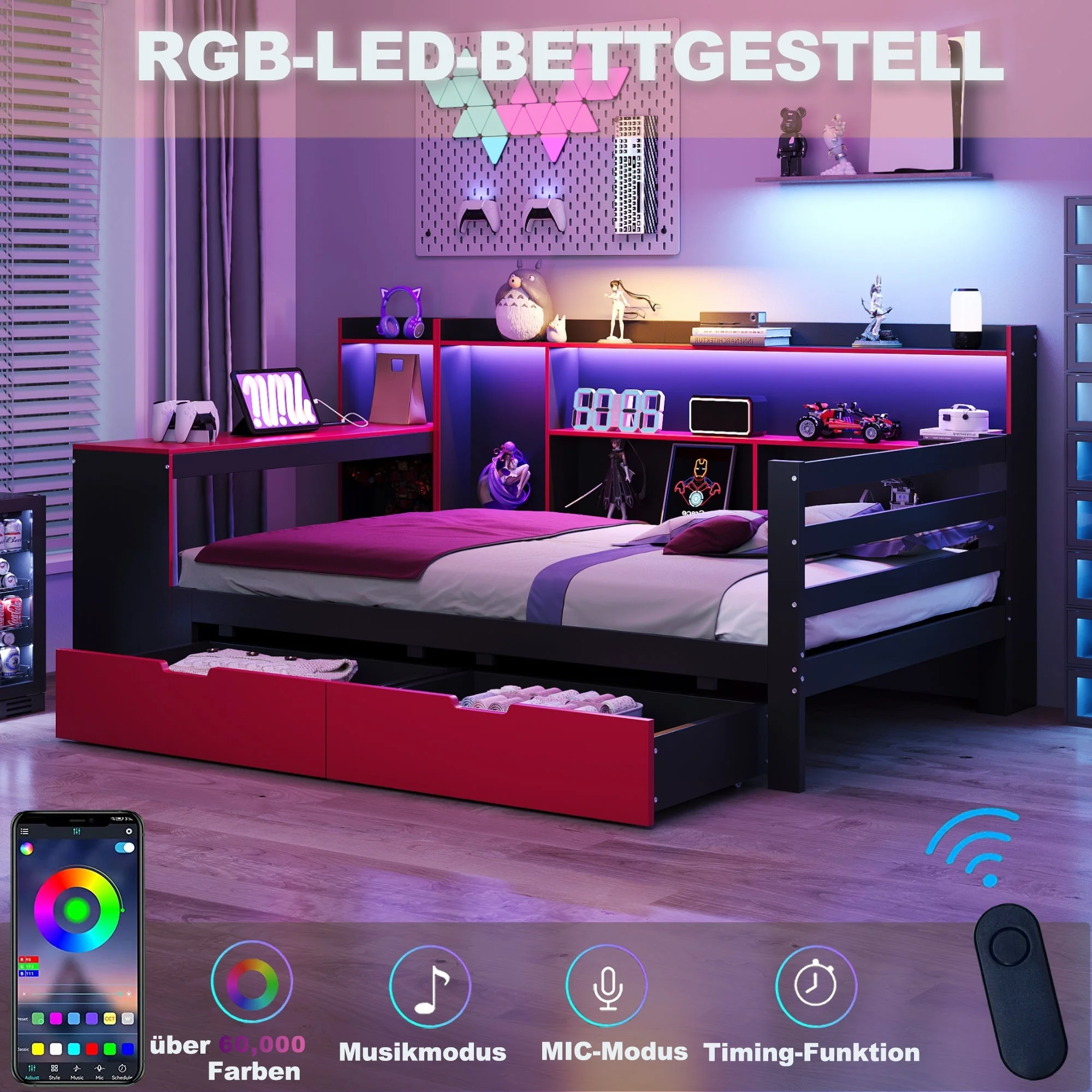 Multifunctional Wooden Sofa Bed with Desk, Bookshelf, Lighting and Sockets, 90x200cm, Black and Red Wood - Image 5