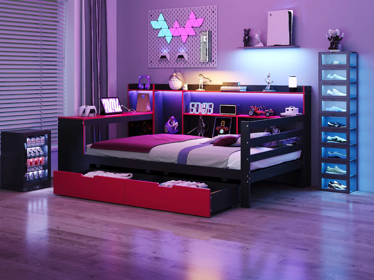 Multifunctional Wooden Sofa Bed with Desk, Bookshelf, Lighting and Sockets, 90x200cm, Black and Red Wood - Image 7