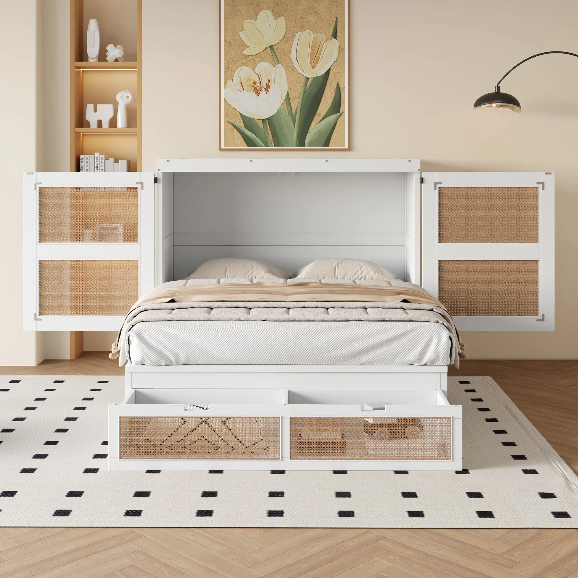 Murphy Bed with Rattan Cabinet Doors and Integrated Storage, White - Image 4