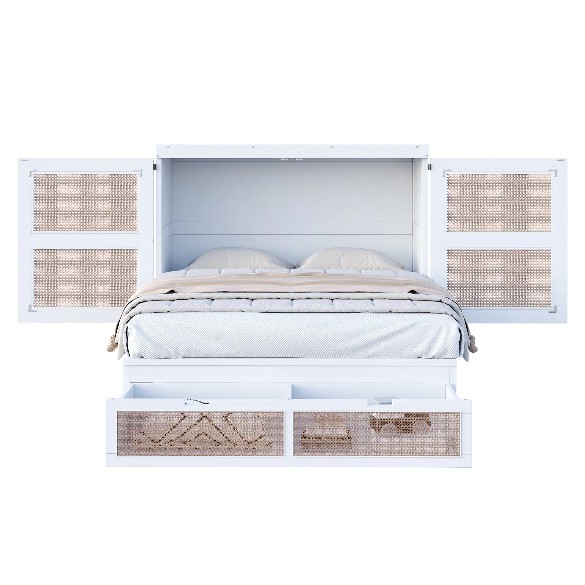 Murphy Bed with Rattan Cabinet Doors and Integrated Storage, White - Image 8