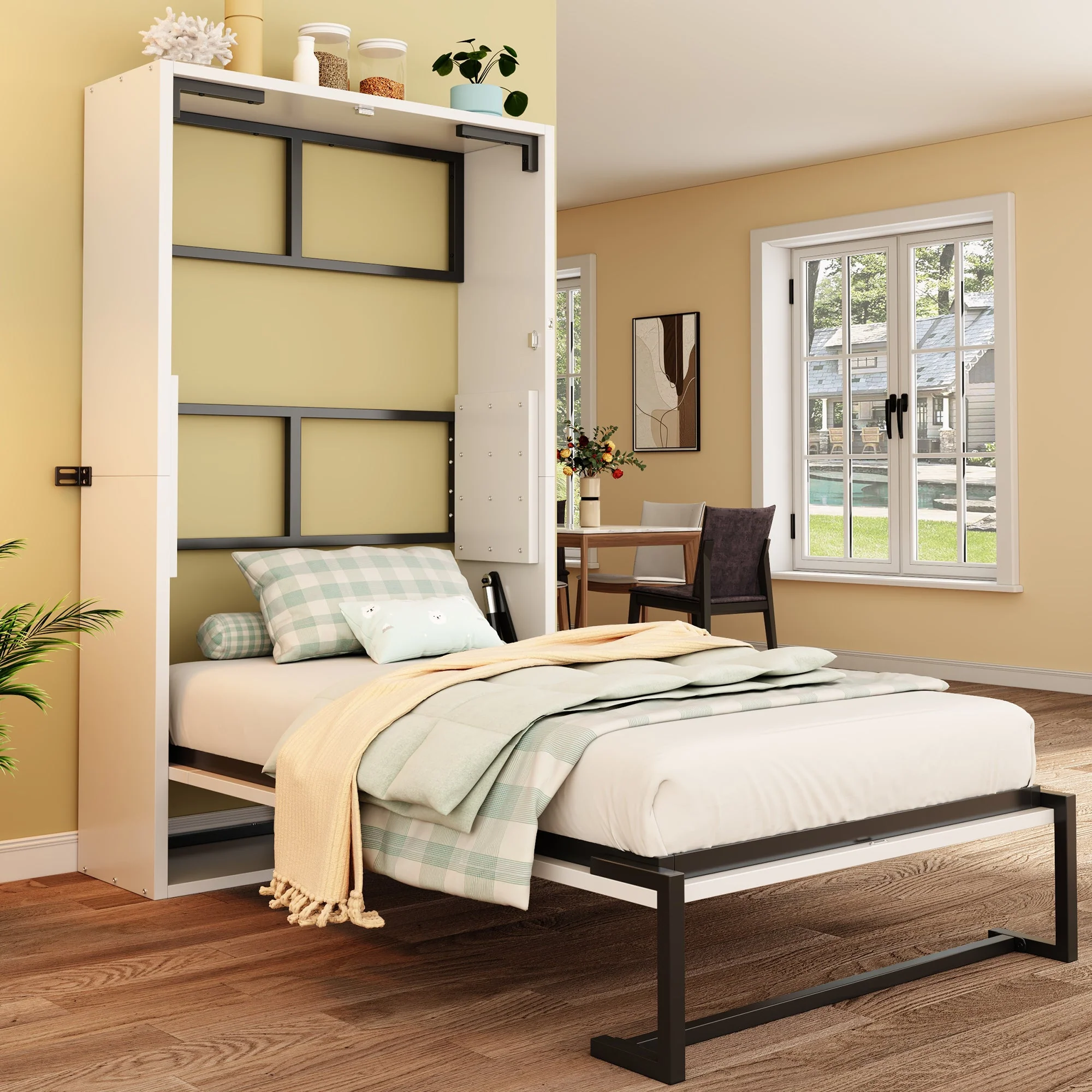 Murphy Wall Bed with Folding Metal Frame and Lockable Mounting, 90x200cm, Metal and Wood - Image 3
