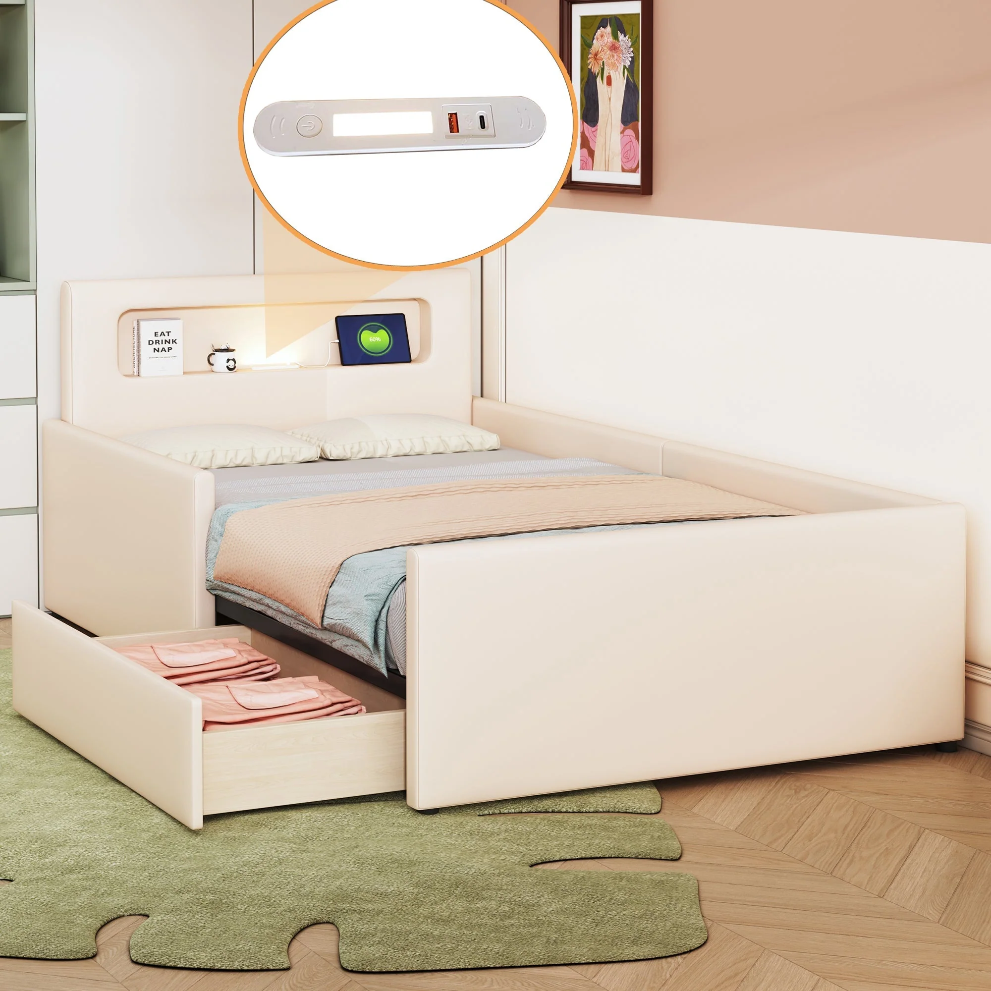 N623P195760A Upholstered Bed with LED Lighting and USB Charging, 140x200cm, Beige Velvet - Image 5