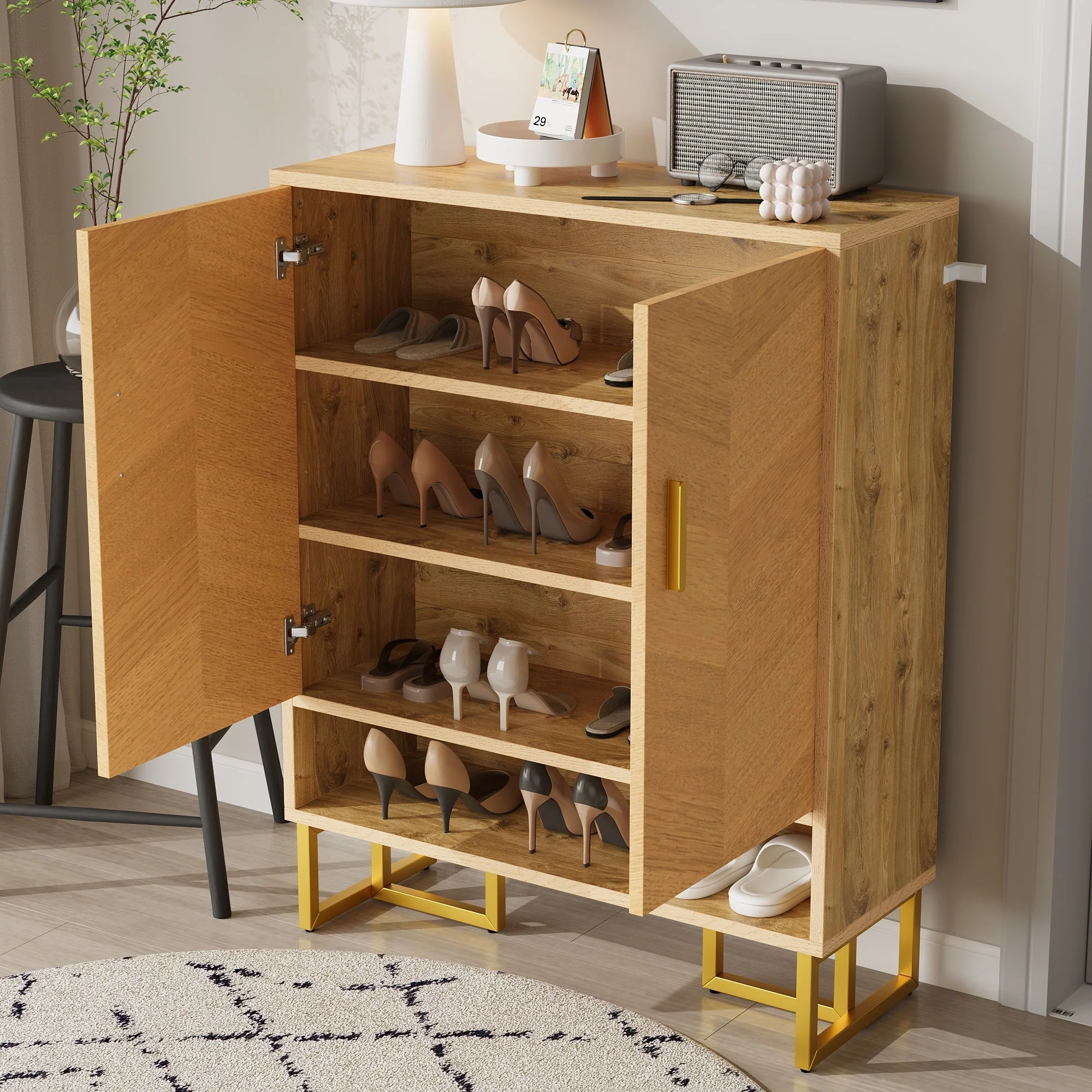 Narrow Shoe Cabinet Modern Minimalist 2-Door Storage - Wood Grain/Golden Frame - Image 5