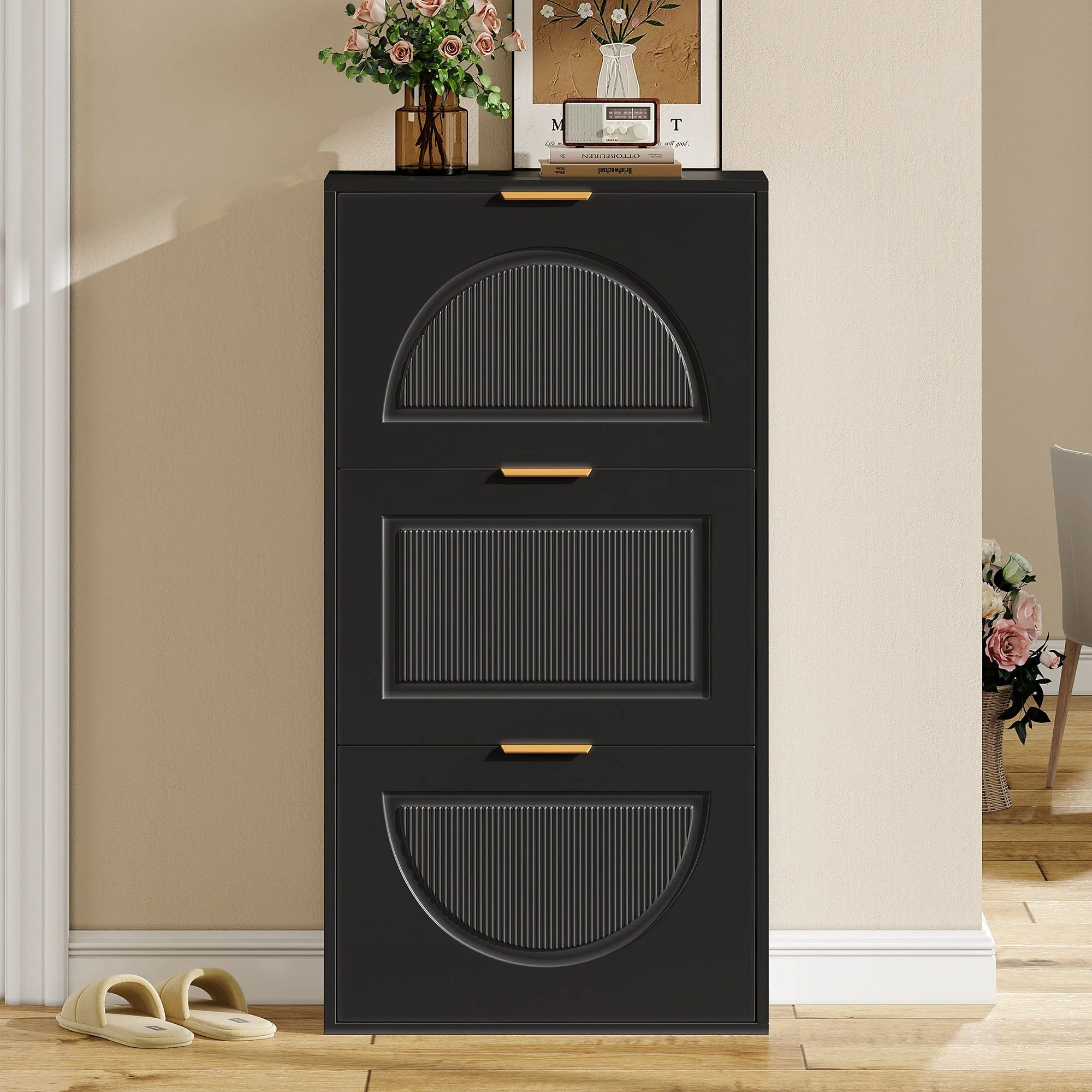 Narrow Shoe Cabinet with 3 Doors for Hallway and Living Room, Black - Image 6