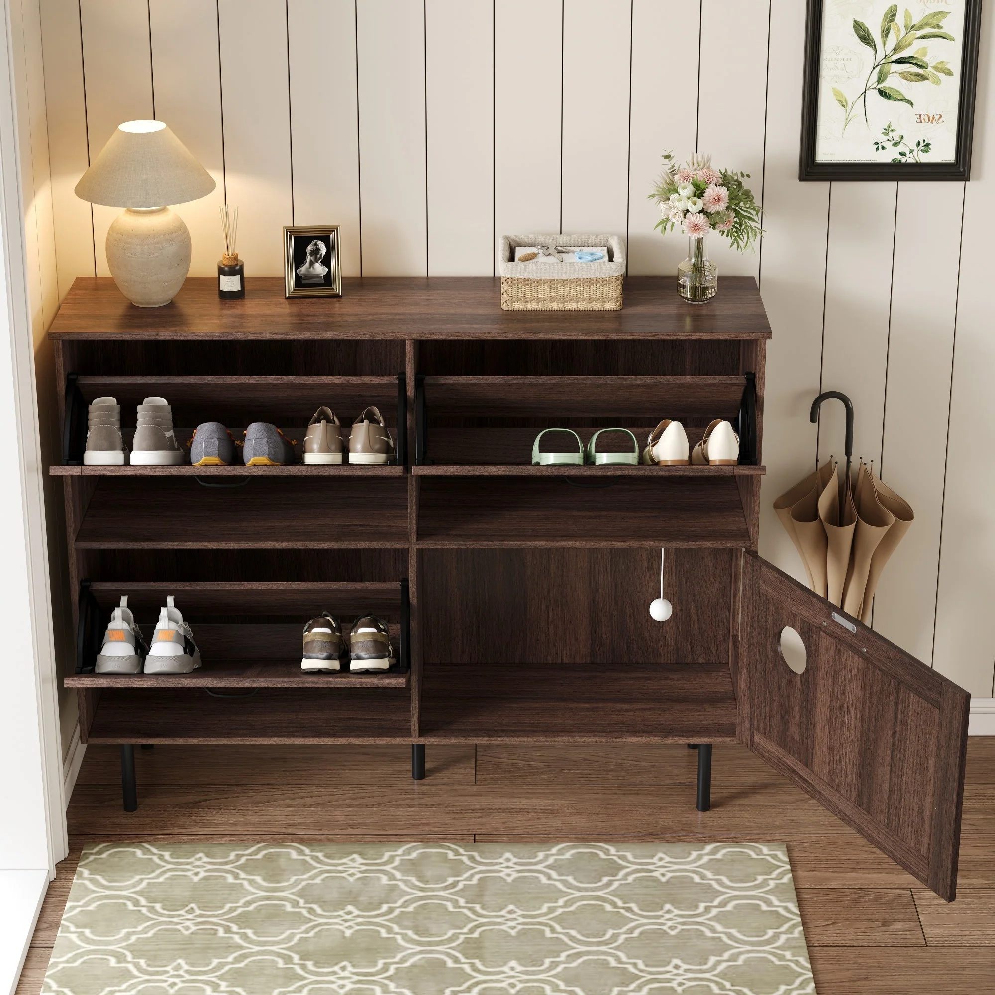 Narrow shoe cabinet with 3 flaps and pet toy storage, for hallway use - Image 11