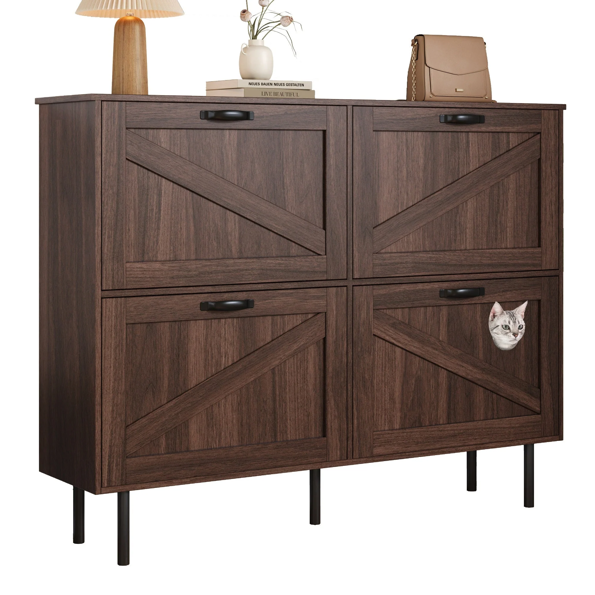 Narrow shoe cabinet with 3 flaps and pet toy storage, for hallway use - Image 2
