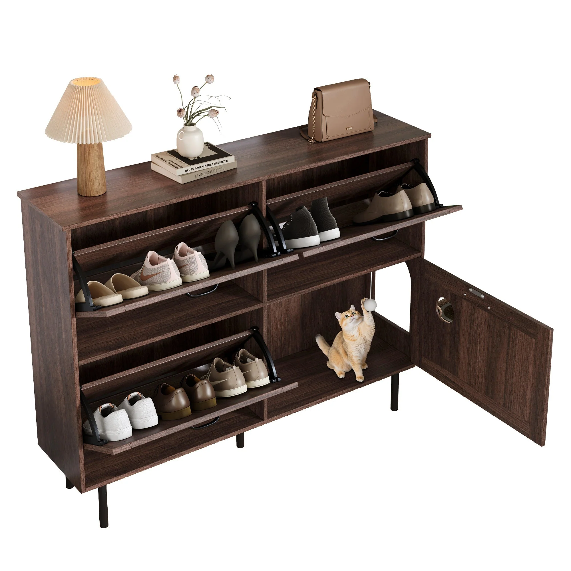 Narrow shoe cabinet with 3 flaps and pet toy storage, for hallway use - Image 4