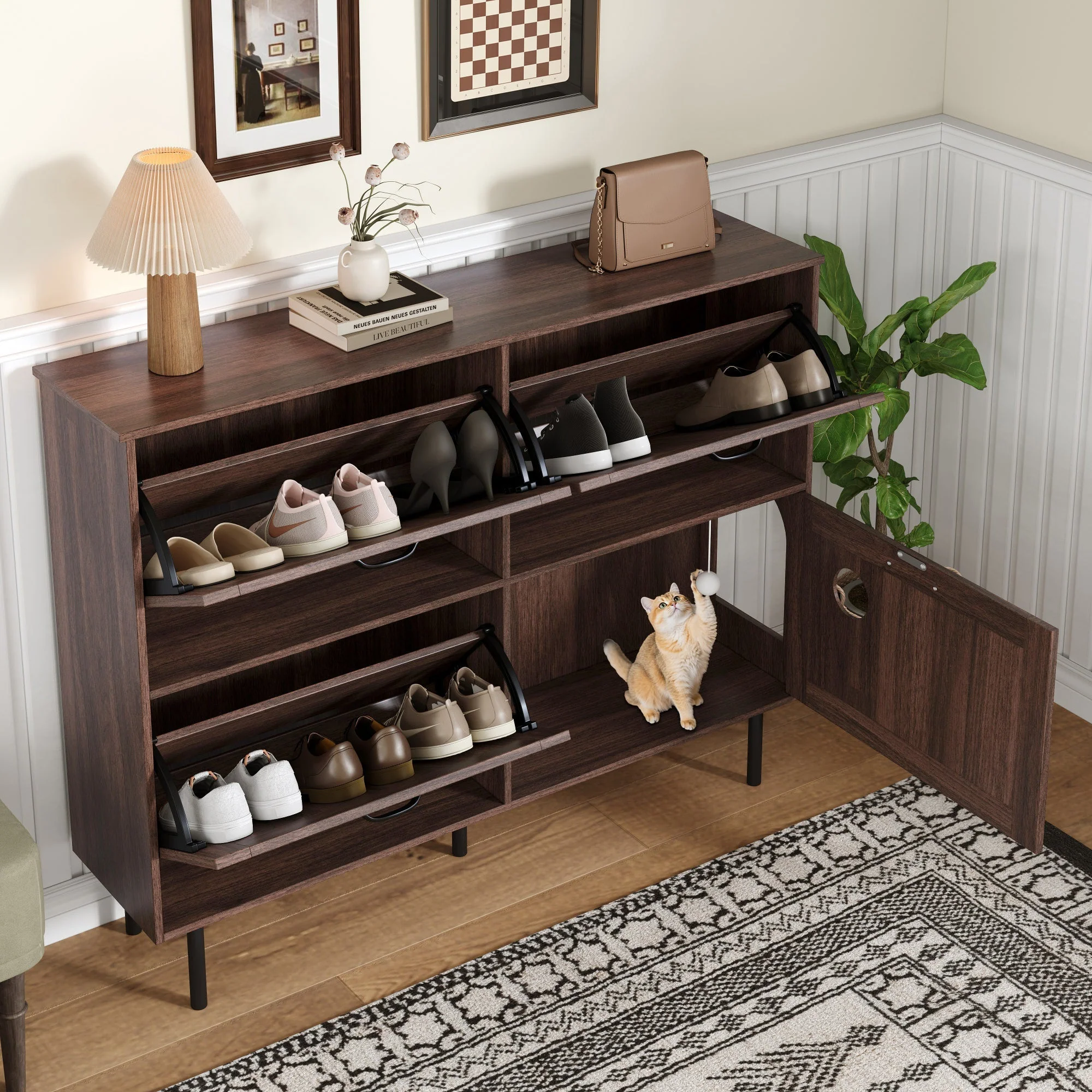 Narrow shoe cabinet with 3 flaps and pet toy storage, for hallway use - Image 8