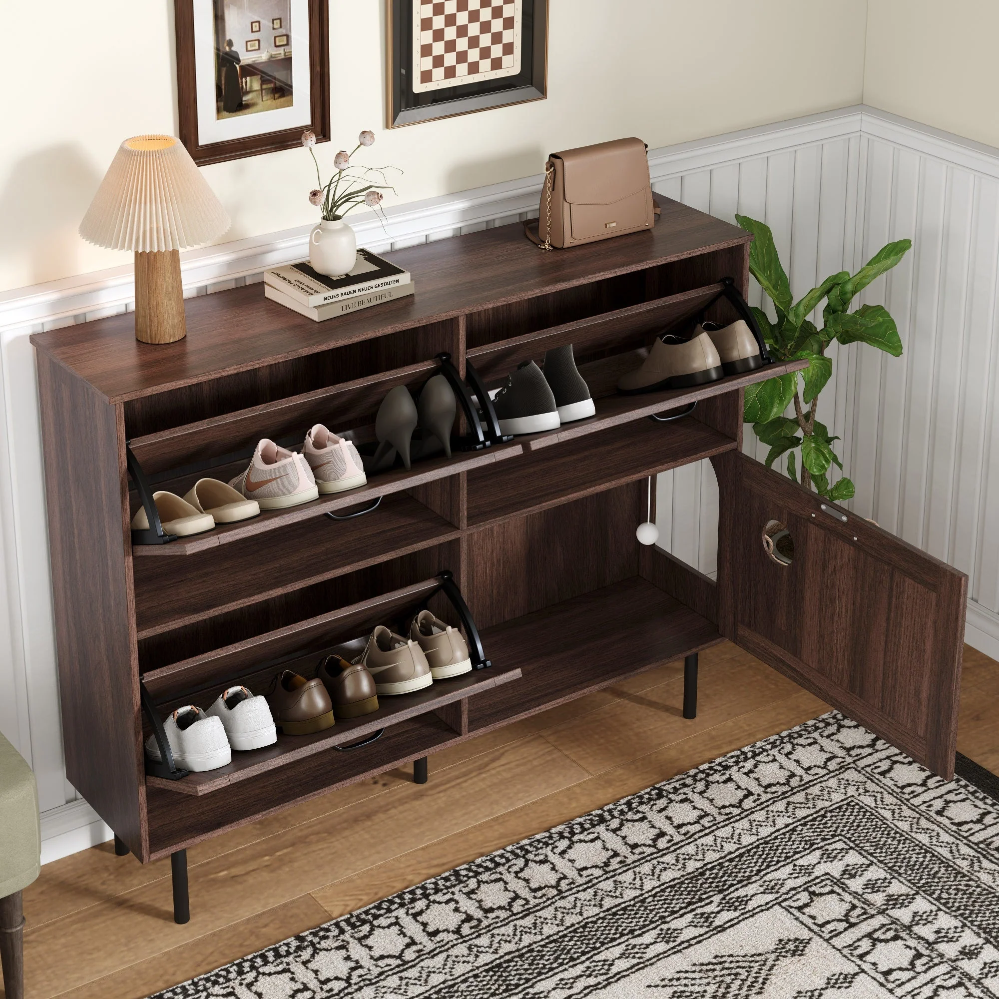Narrow shoe cabinet with 3 flaps and pet toy storage, for hallway use - Image 9