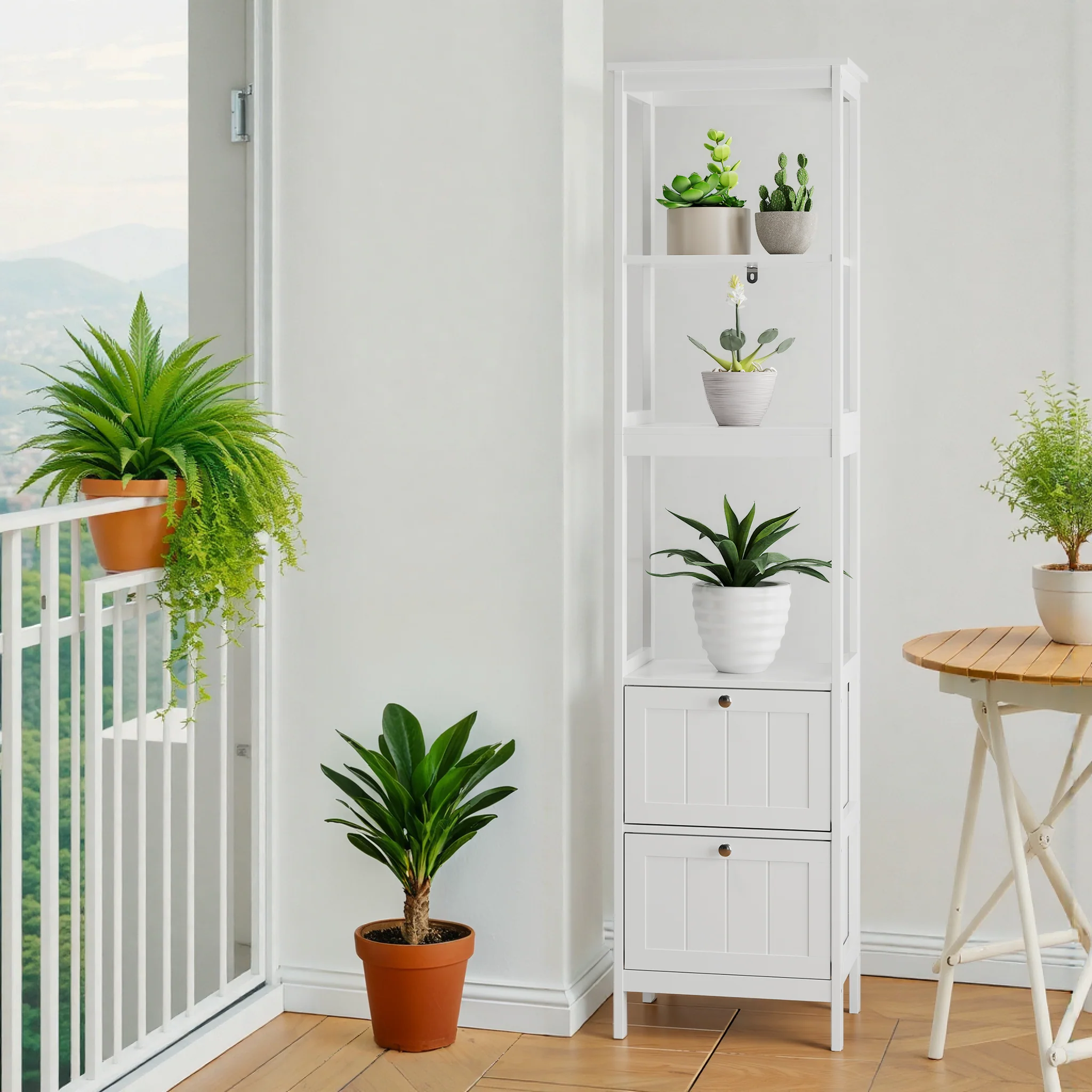 Narrow Tall Cabinet, Bathroom Freestanding with 2 Drawers & 3 Shelves, Wooden White