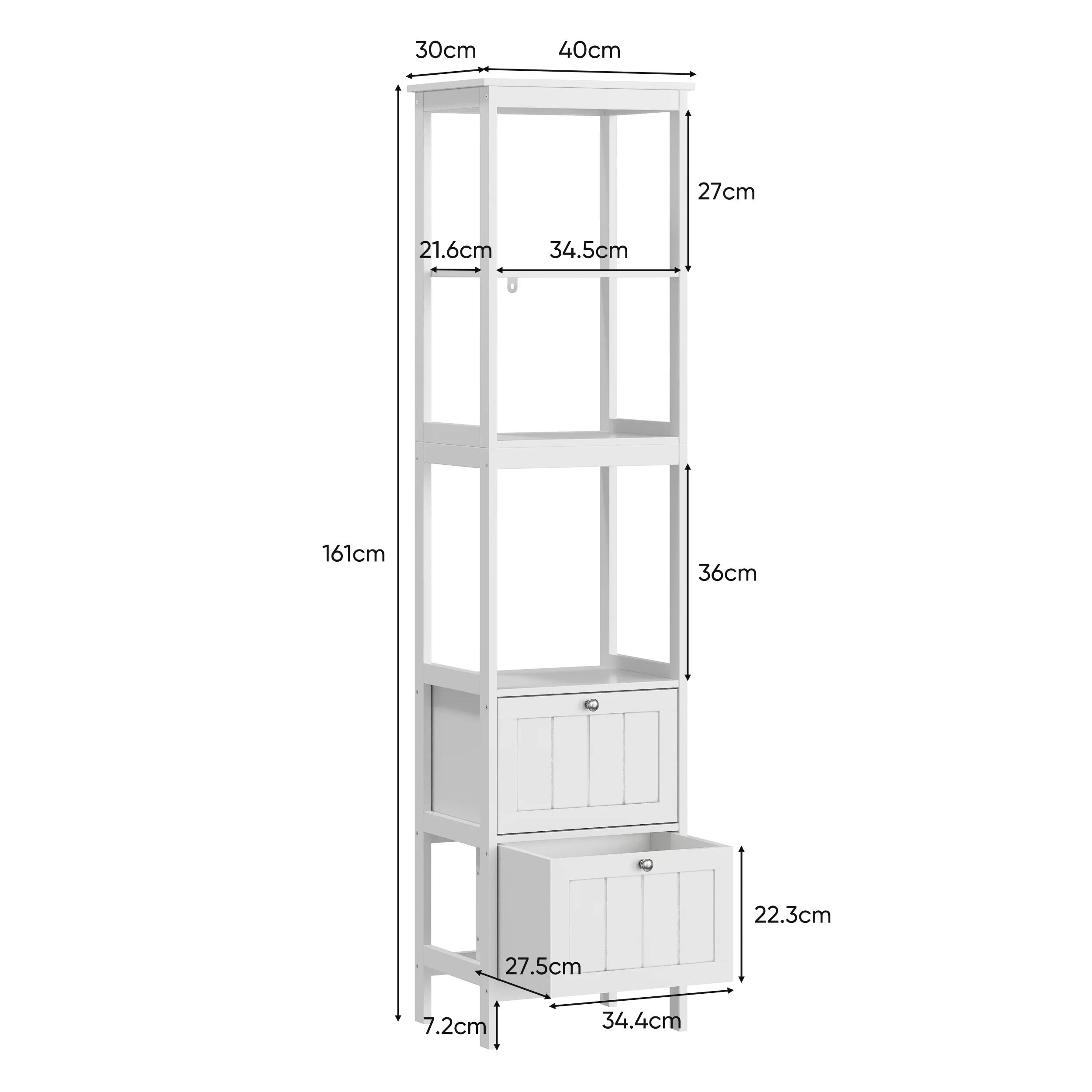 Narrow Tall Cabinet, Bathroom Freestanding with 2 Drawers & 3 Shelves, Wooden White - Image 2