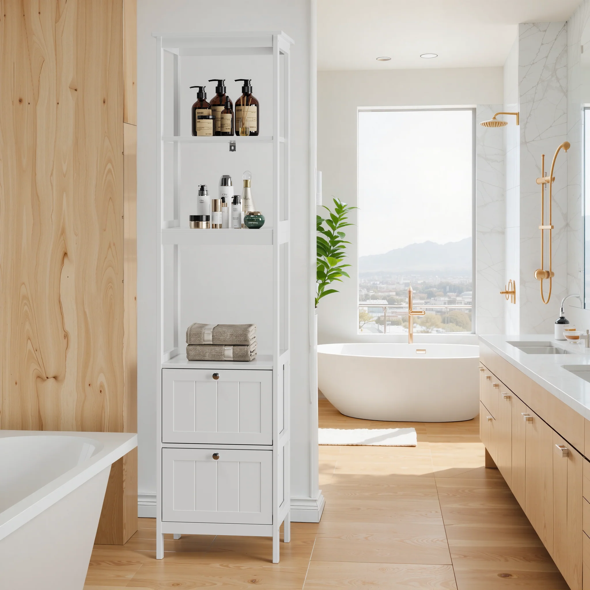 Narrow Tall Cabinet, Bathroom Freestanding with 2 Drawers & 3 Shelves, Wooden White - Image 3