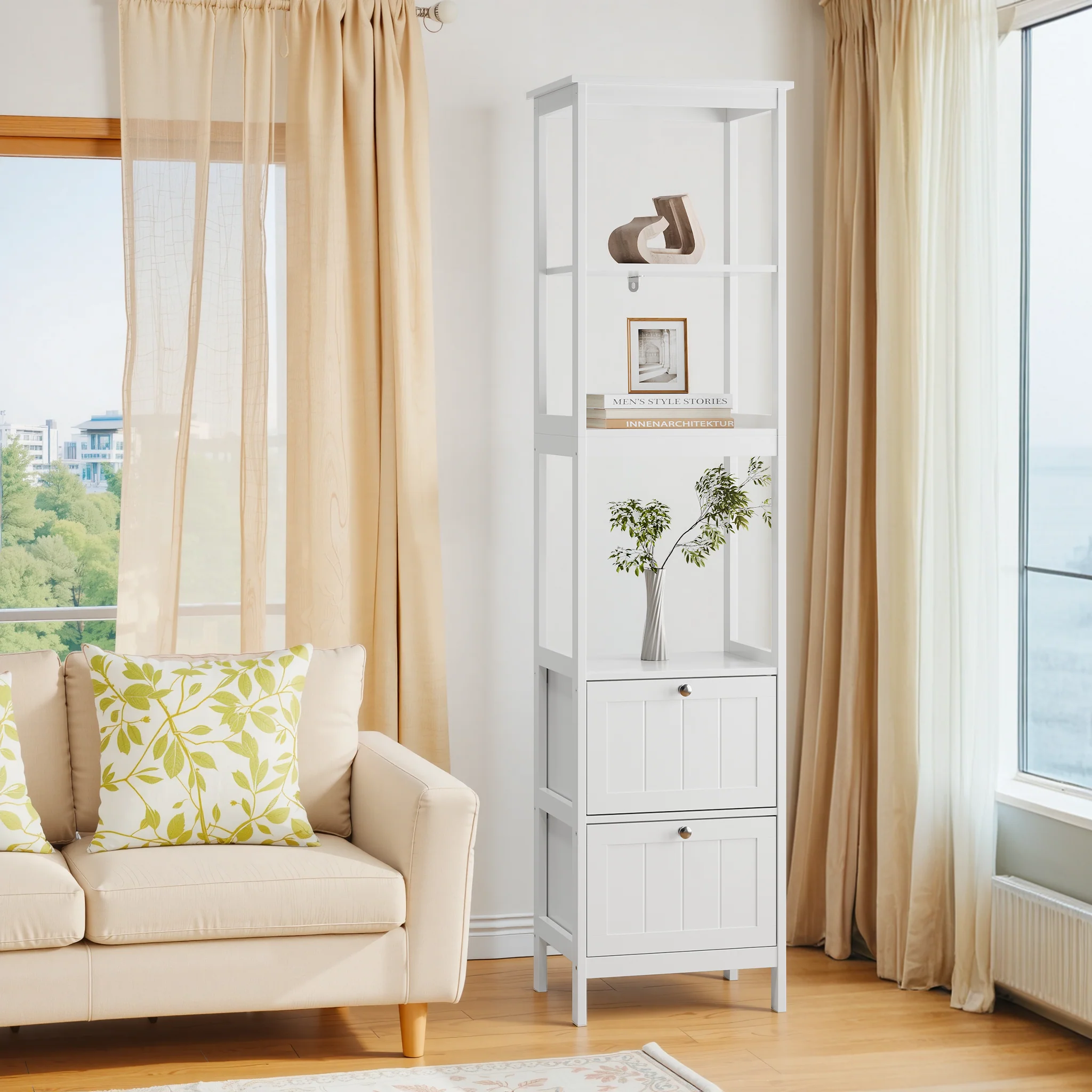 Narrow Tall Cabinet, Bathroom Freestanding with 2 Drawers & 3 Shelves, Wooden White - Image 4