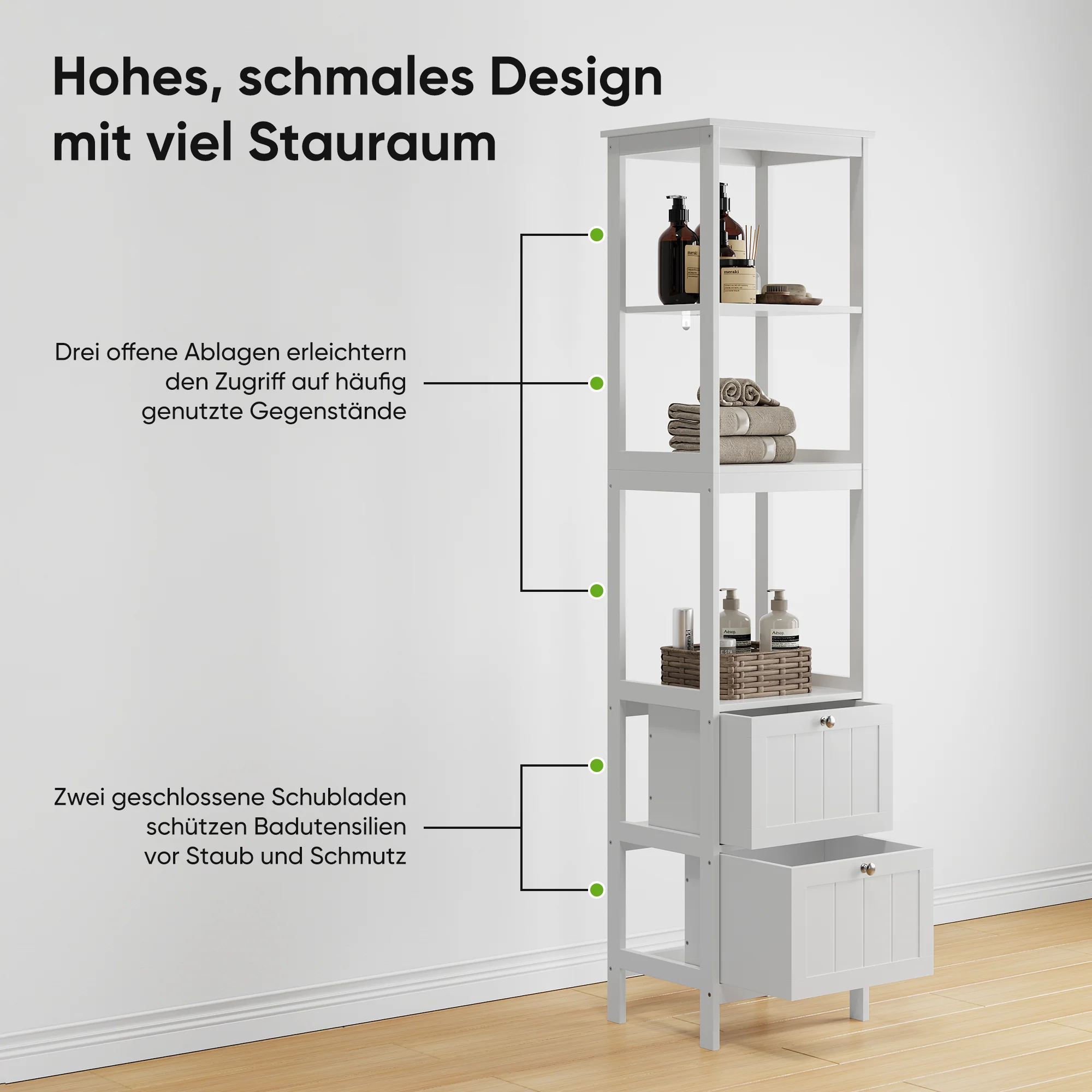 Narrow Tall Cabinet, Bathroom Freestanding with 2 Drawers & 3 Shelves, Wooden White - Image 5