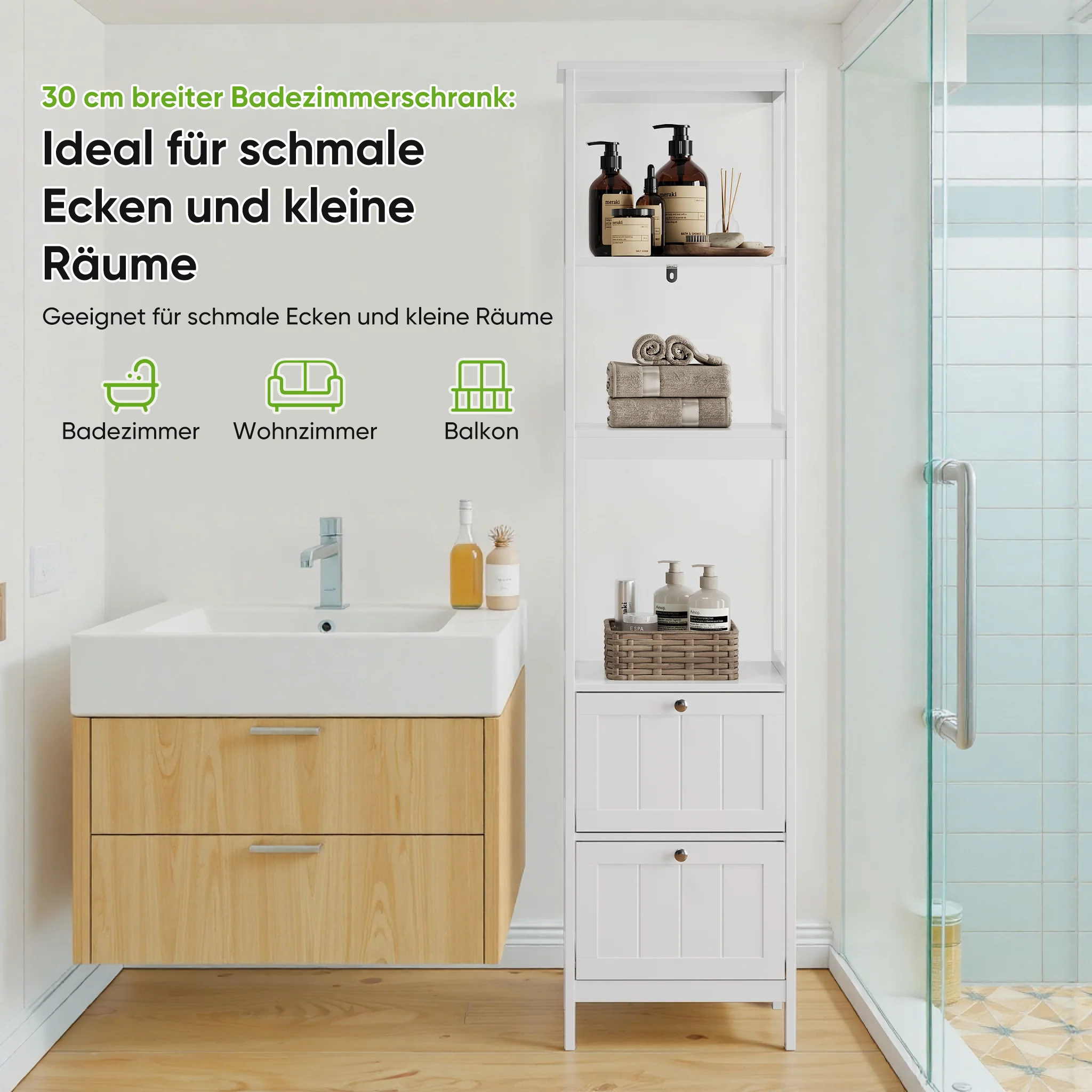 Narrow Tall Cabinet, Bathroom Freestanding with 2 Drawers & 3 Shelves, Wooden White - Image 7