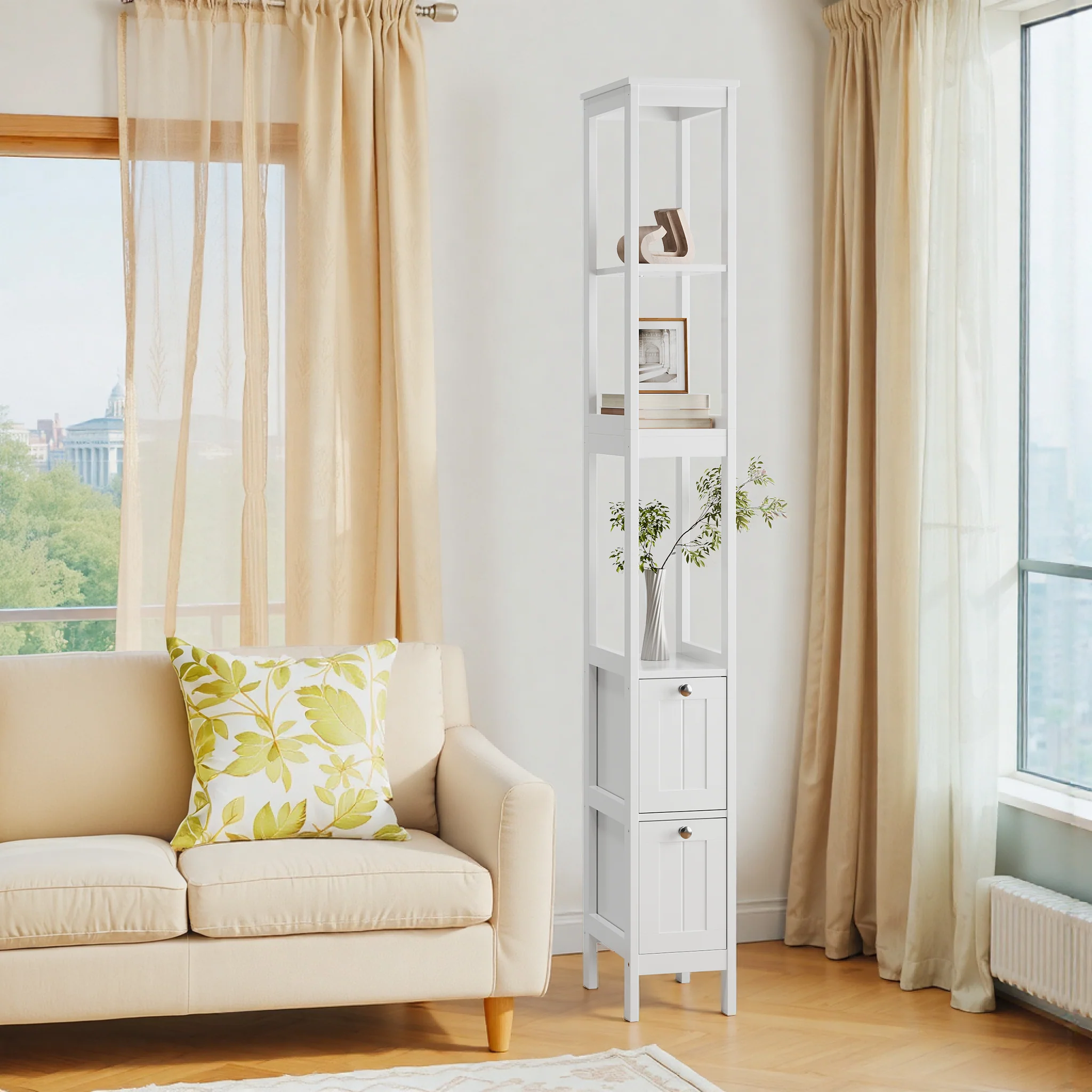 Narrow Tall Cabinet, Freestanding with 2 Drawers and 3 Shelves, White - Image 4