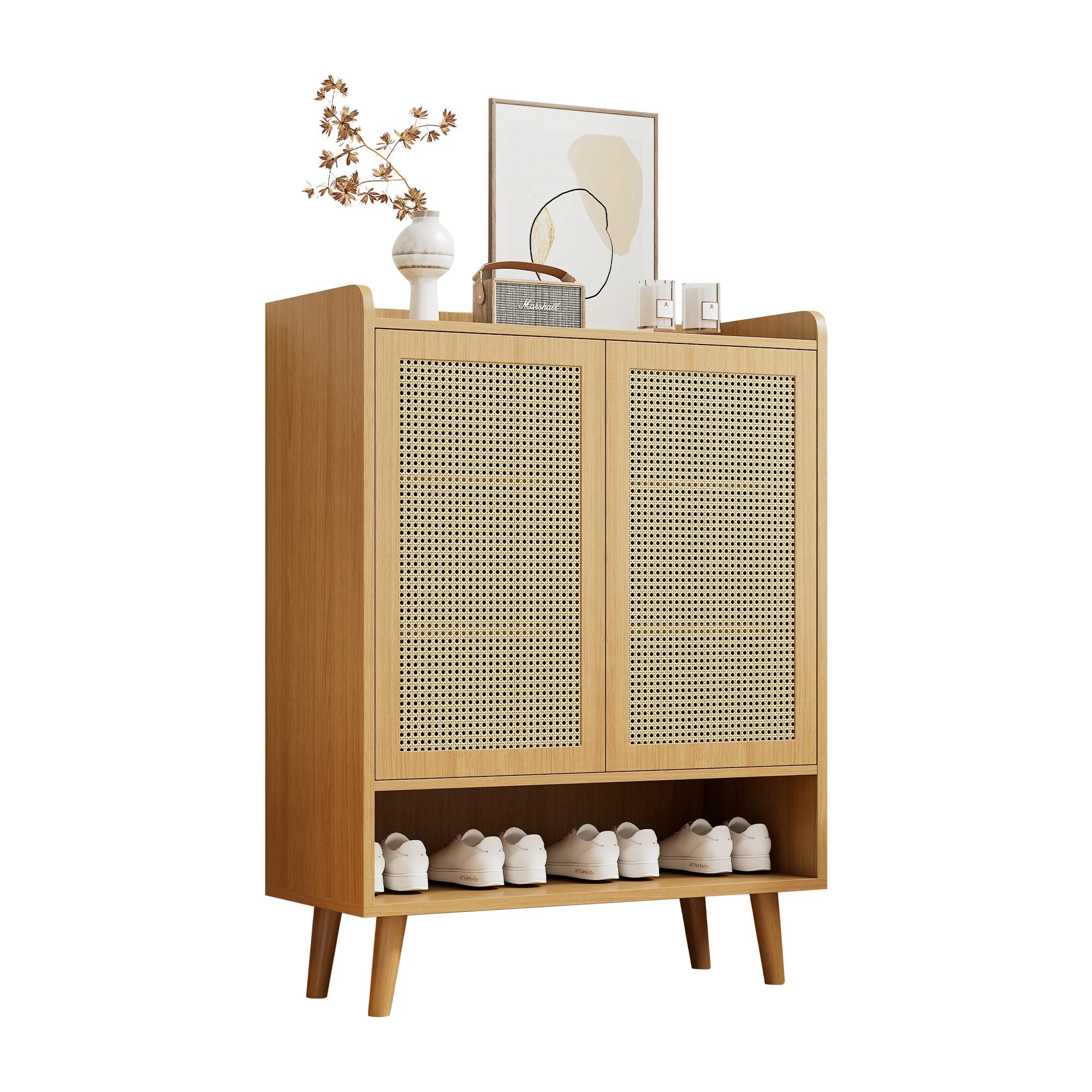 Natural rattan shoe cabinet, 2 doors and 5 shelves, with wooden handles and solid wood legs, 80x105x35 cm - Image 2