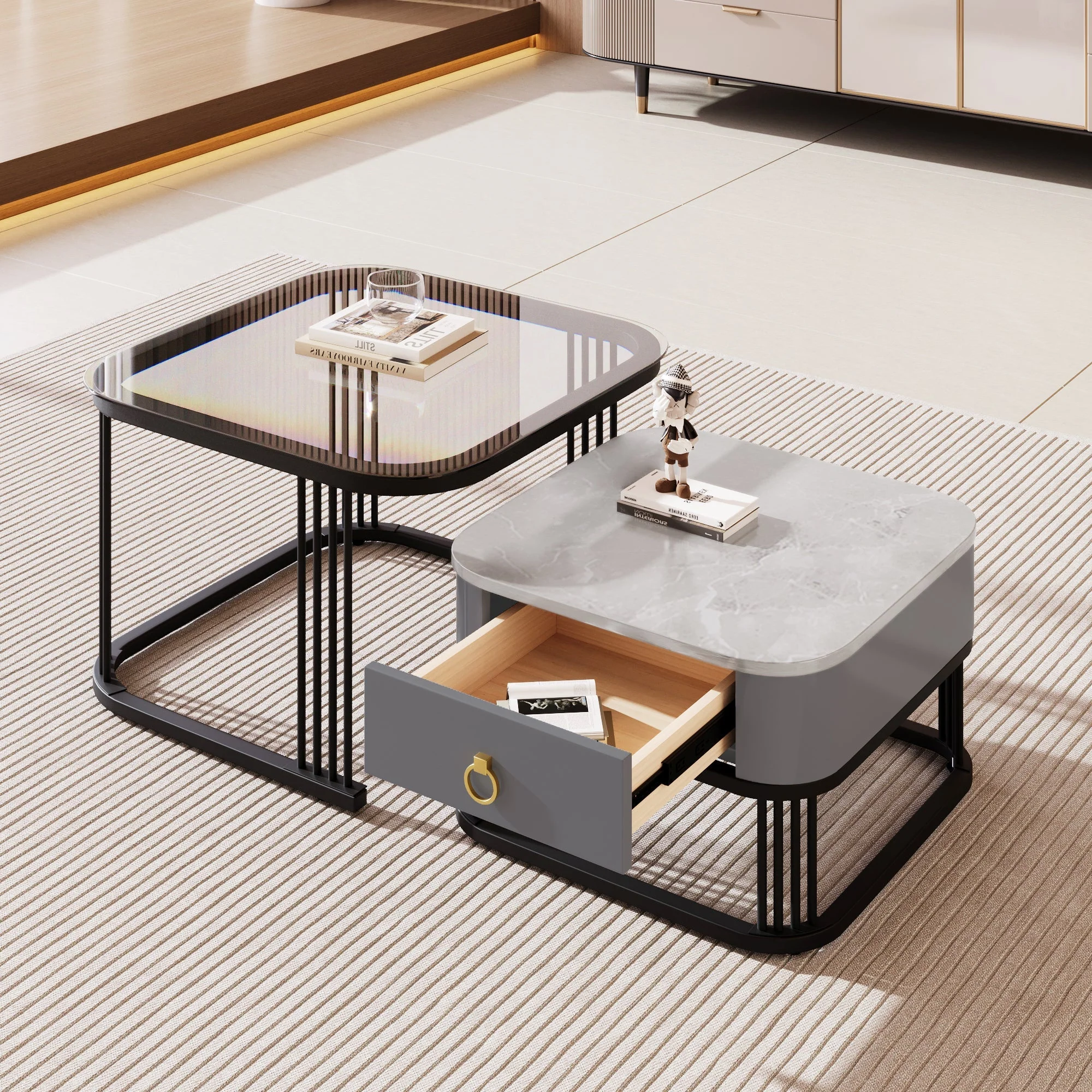 Nestable Coffee Table: High-Gloss Marble Exterior, Glass Tabletop, Black Table Legs, Side Table with Drawer (Set of 2) - Image 4