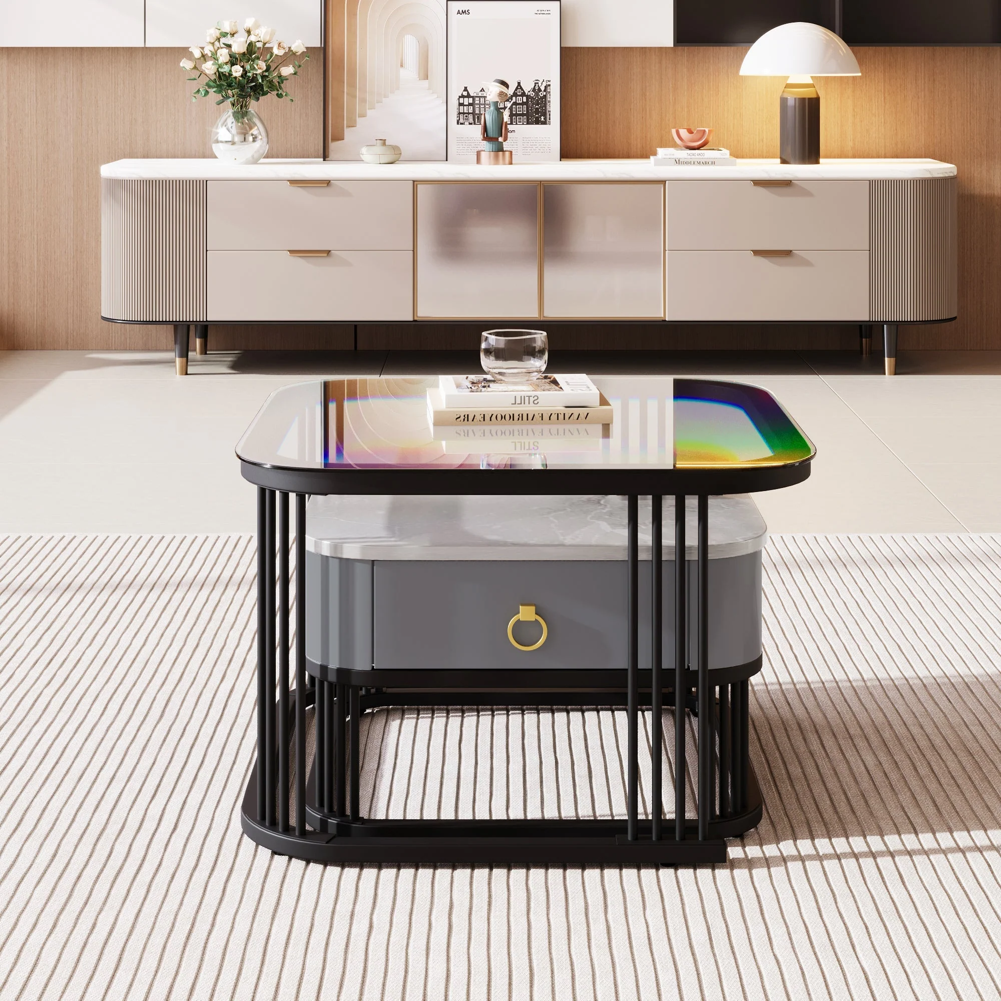 Nestable Coffee Table: High-Gloss Marble Exterior, Glass Tabletop, Black Table Legs, Side Table with Drawer (Set of 2) - Image 7